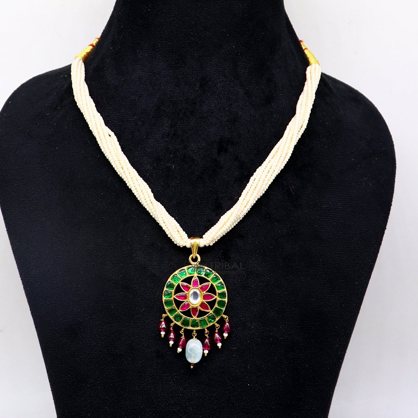92.5 sterling silver India traditional cultural kundan work pendant trendy necklace with multiline pearls strings best brides jewelry set618 - TRIBAL ORNAMENTS