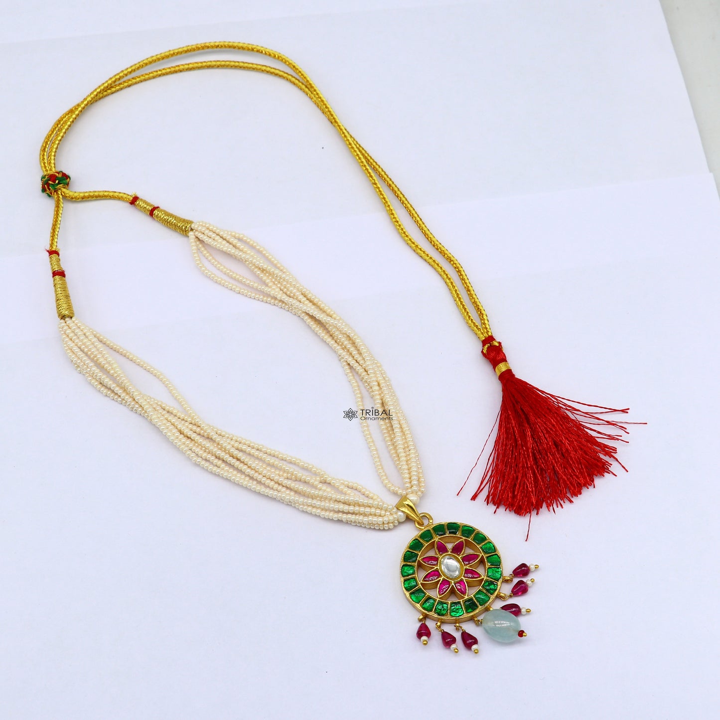 92.5 sterling silver India traditional cultural kundan work pendant trendy necklace with multiline pearls strings best brides jewelry set618 - TRIBAL ORNAMENTS