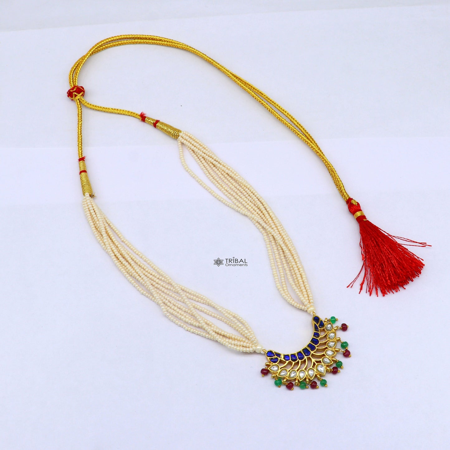 92.5 sterling silver India traditional cultural kundan work pendant trendy multiline pearls strings necklace peacock design jewelry set620 - TRIBAL ORNAMENTS
