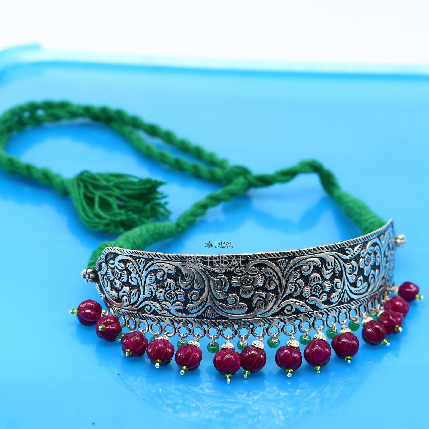 925 sterling silver Nakshi work charm necklace choker tribal ethnic jewelry that embodies the rich cultural heritage of Rajasthan set622 - TRIBAL ORNAMENTS