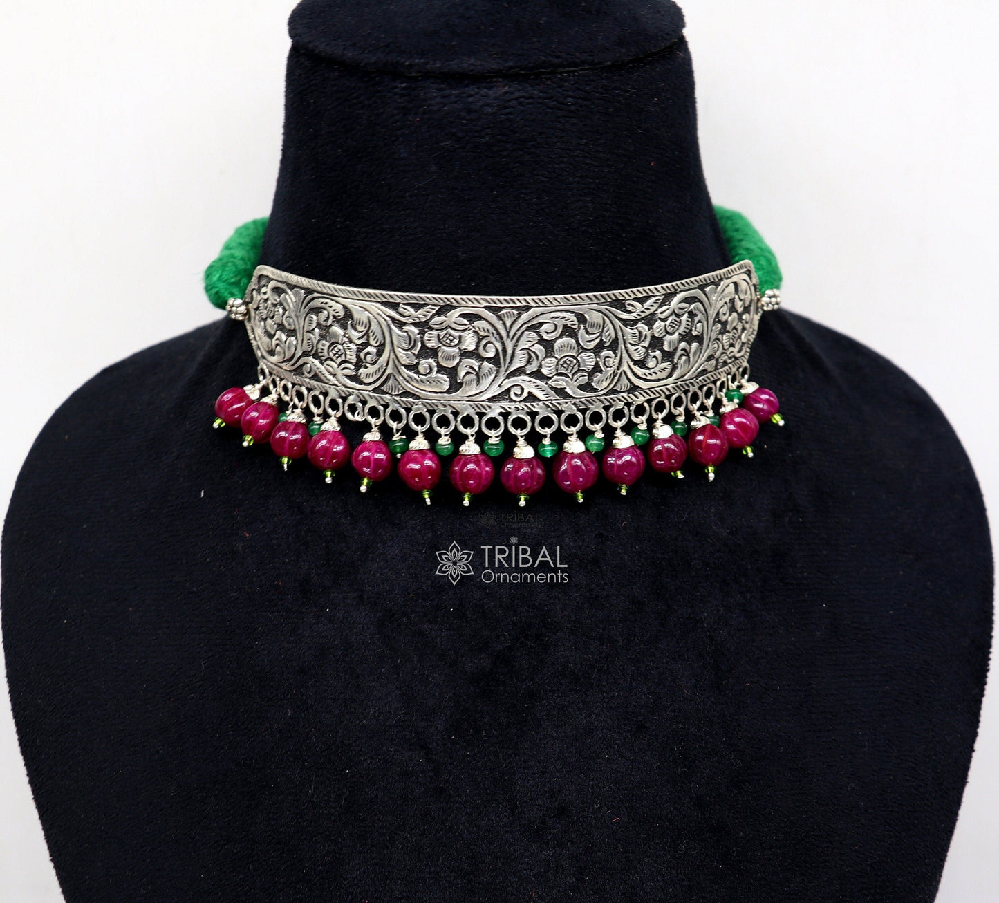 925 sterling silver Nakshi work charm necklace choker tribal ethnic jewelry that embodies the rich cultural heritage of Rajasthan set622 - TRIBAL ORNAMENTS