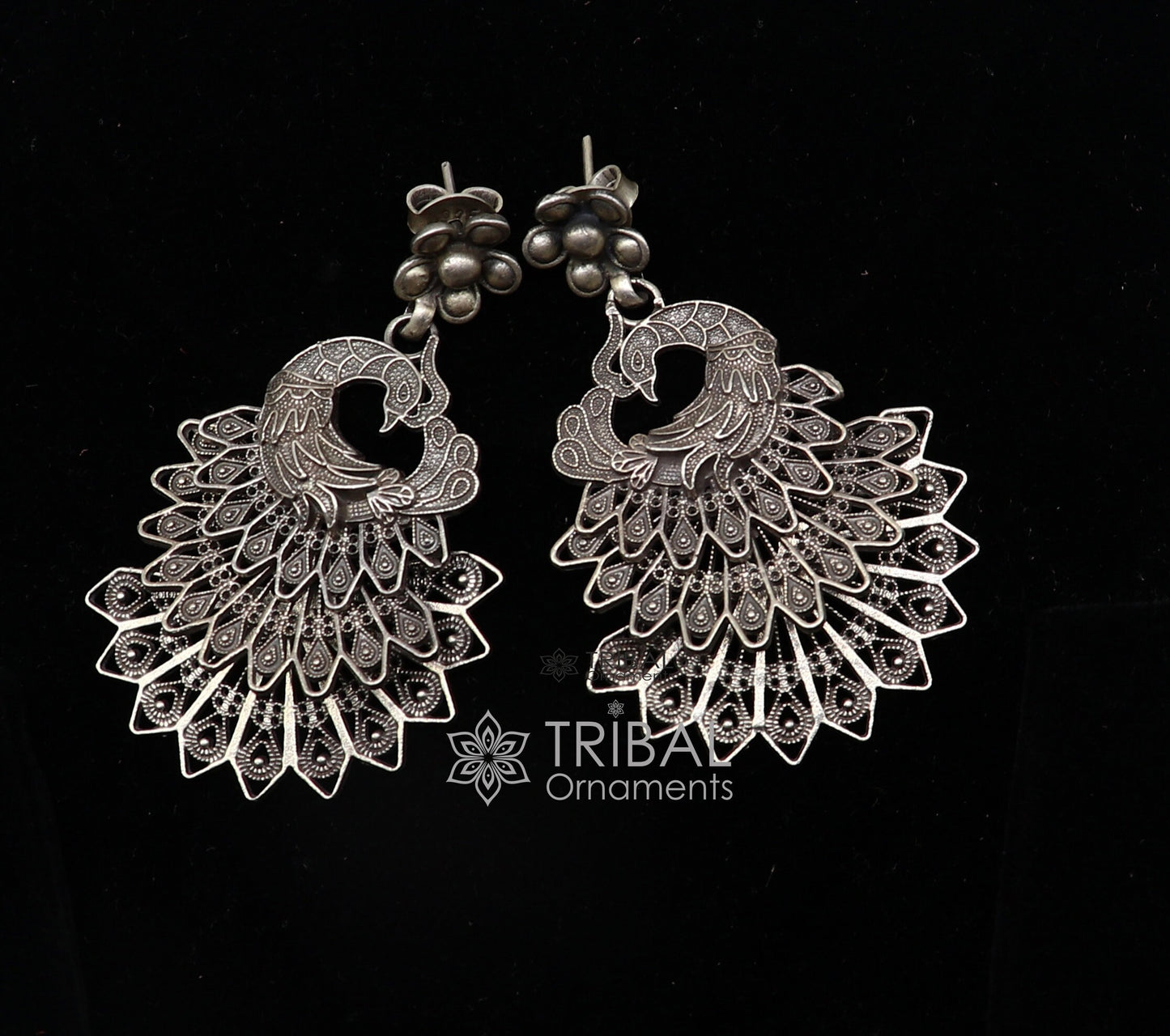 Modern trendy peacock design handmade 925 sterling silver fabulous filigree work Drop dangle stud earrings tribal ethnic jewelry india s1197 - TRIBAL ORNAMENTS