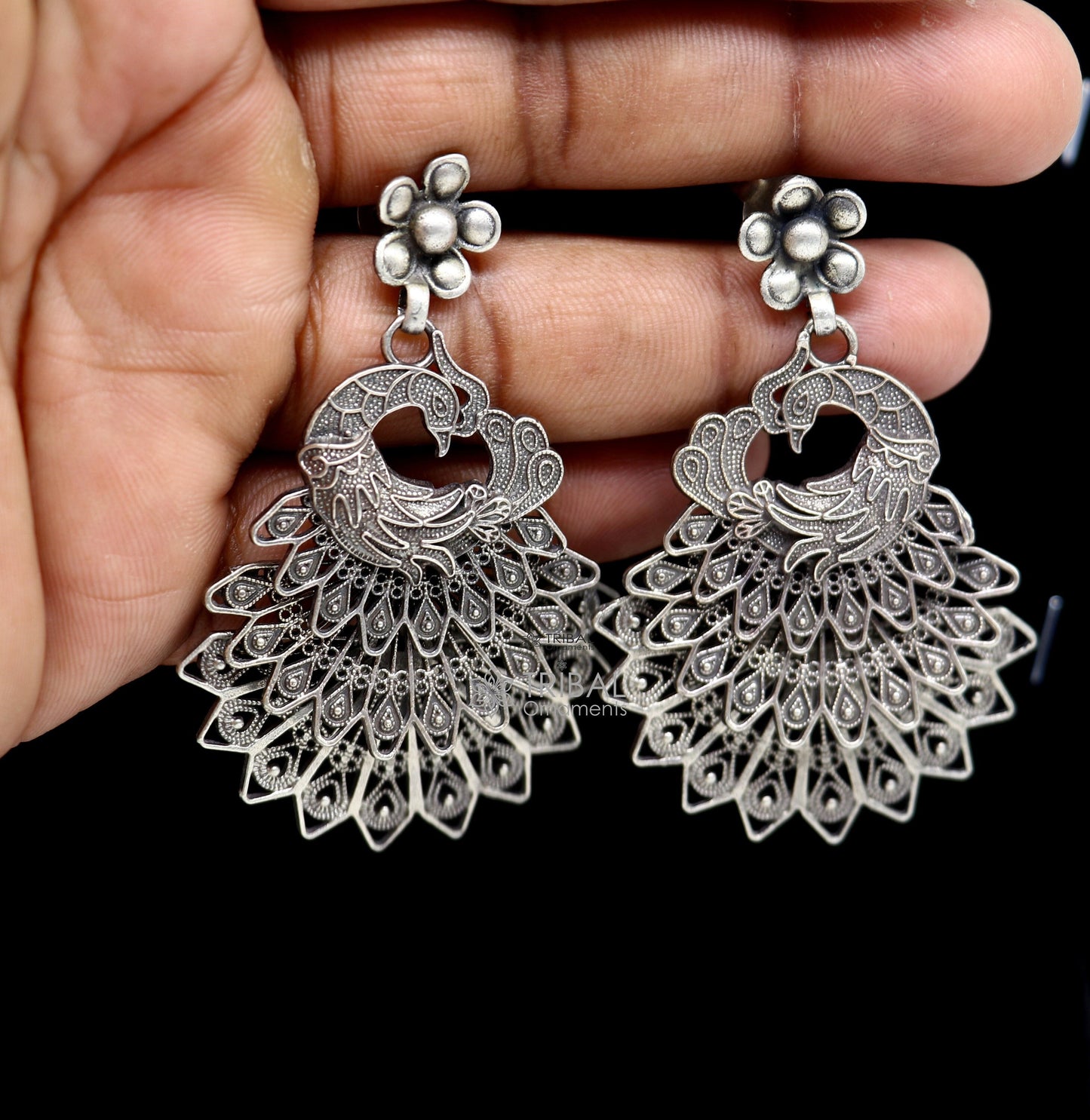 Modern trendy peacock design handmade 925 sterling silver fabulous filigree work Drop dangle stud earrings tribal ethnic jewelry india s1197 - TRIBAL ORNAMENTS