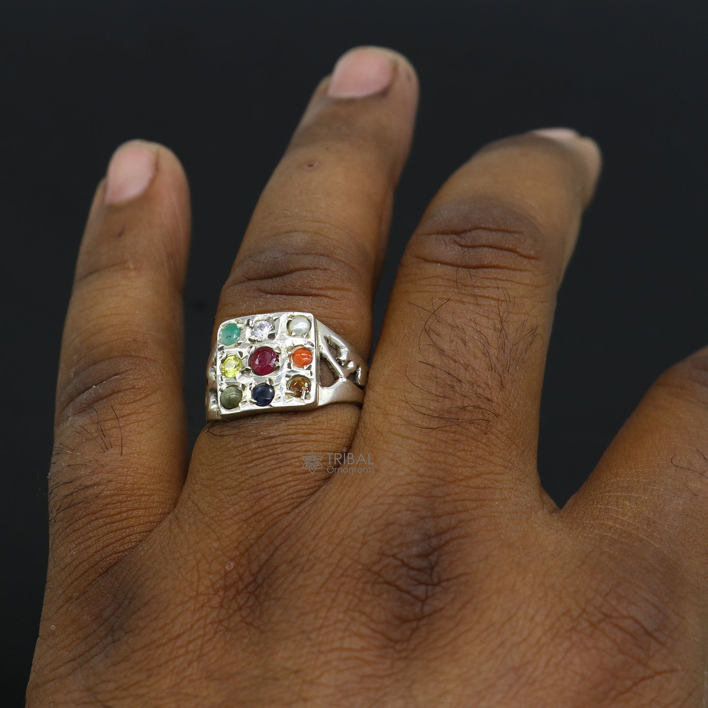 925 sterling silver customized Navratan stone ring fabulous stylish design 9 stone pendant tribal ethnic unisex jewelry sr370 - TRIBAL ORNAMENTS