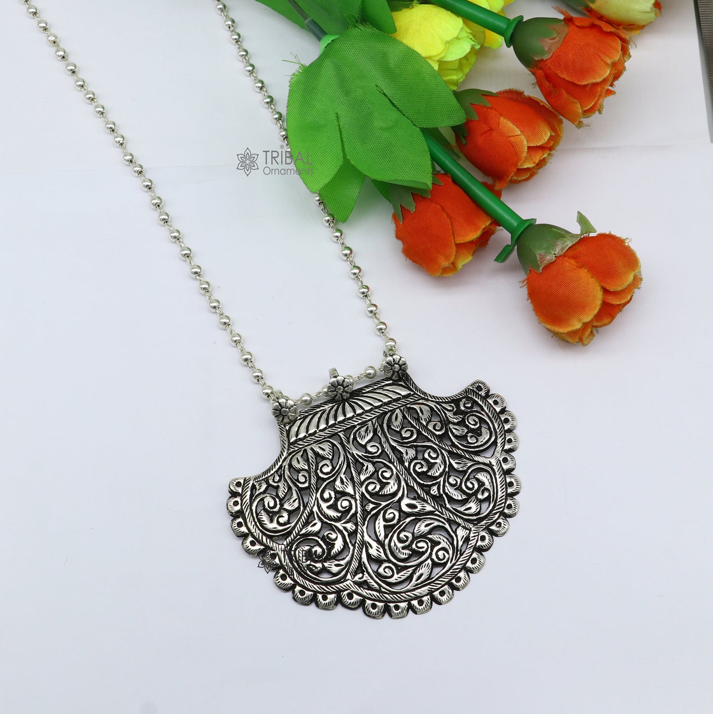 30" long beaded chain Traditional cultural trendy style 925 sterling silver pendant necklace best brides tribal ethnic jewelry set631 - TRIBAL ORNAMENTS
