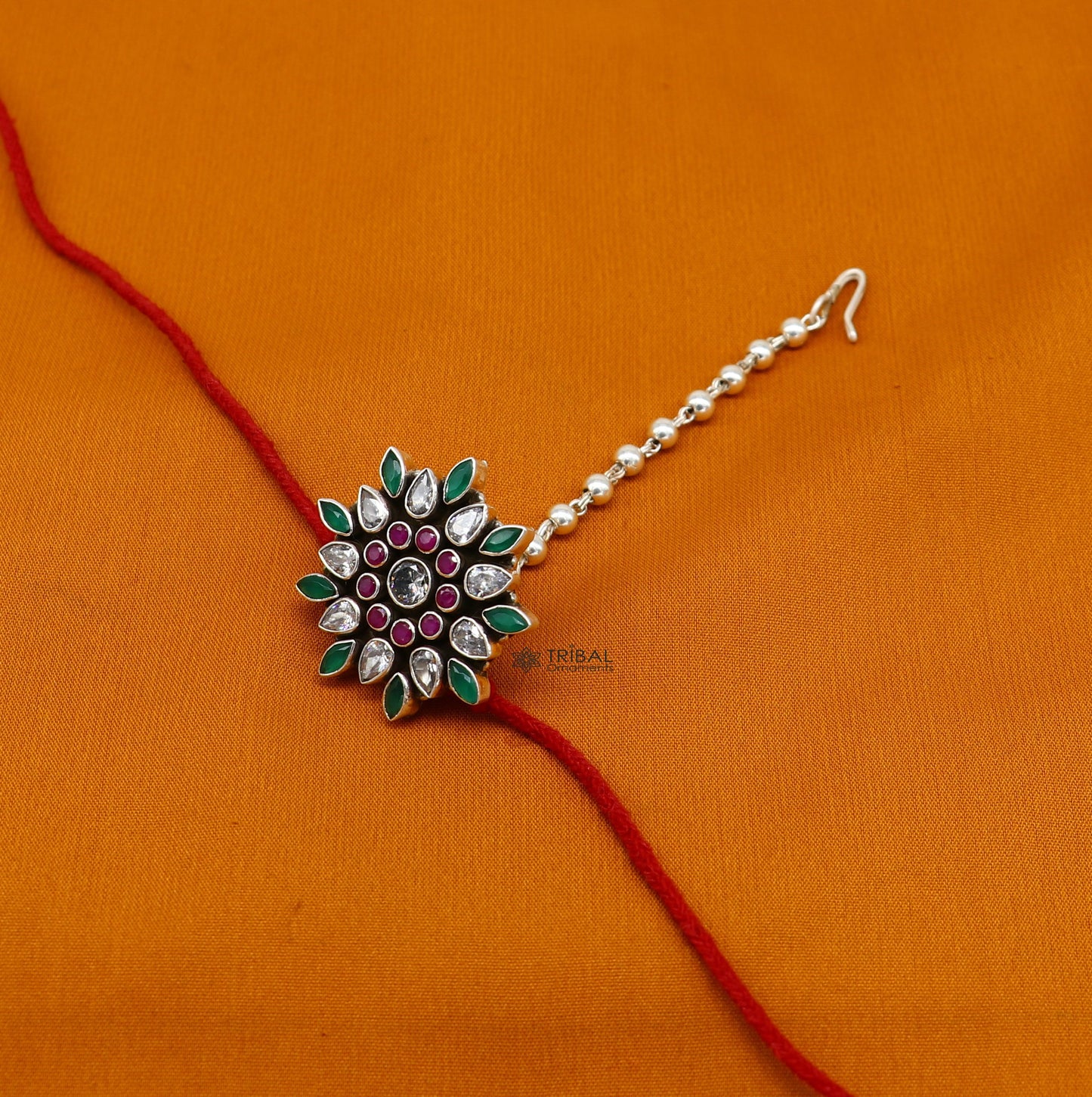 925 sterling silver handmade traditional cultural multicolor stone Mangtika or head jewelry hair jewelry, silver ball hair jewelry MT26 - TRIBAL ORNAMENTS