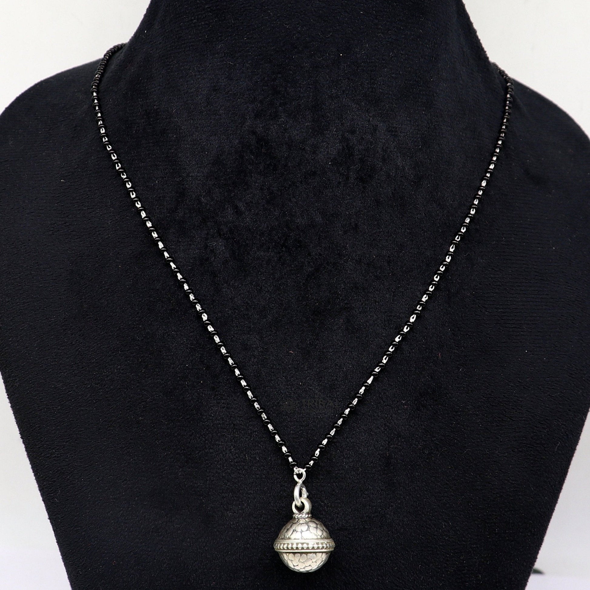 16" to 26" traditional cultural black beads 925 sterling silver stylish Single ball pendant necklace modern trendy delicate jewelry set625 - TRIBAL ORNAMENTS
