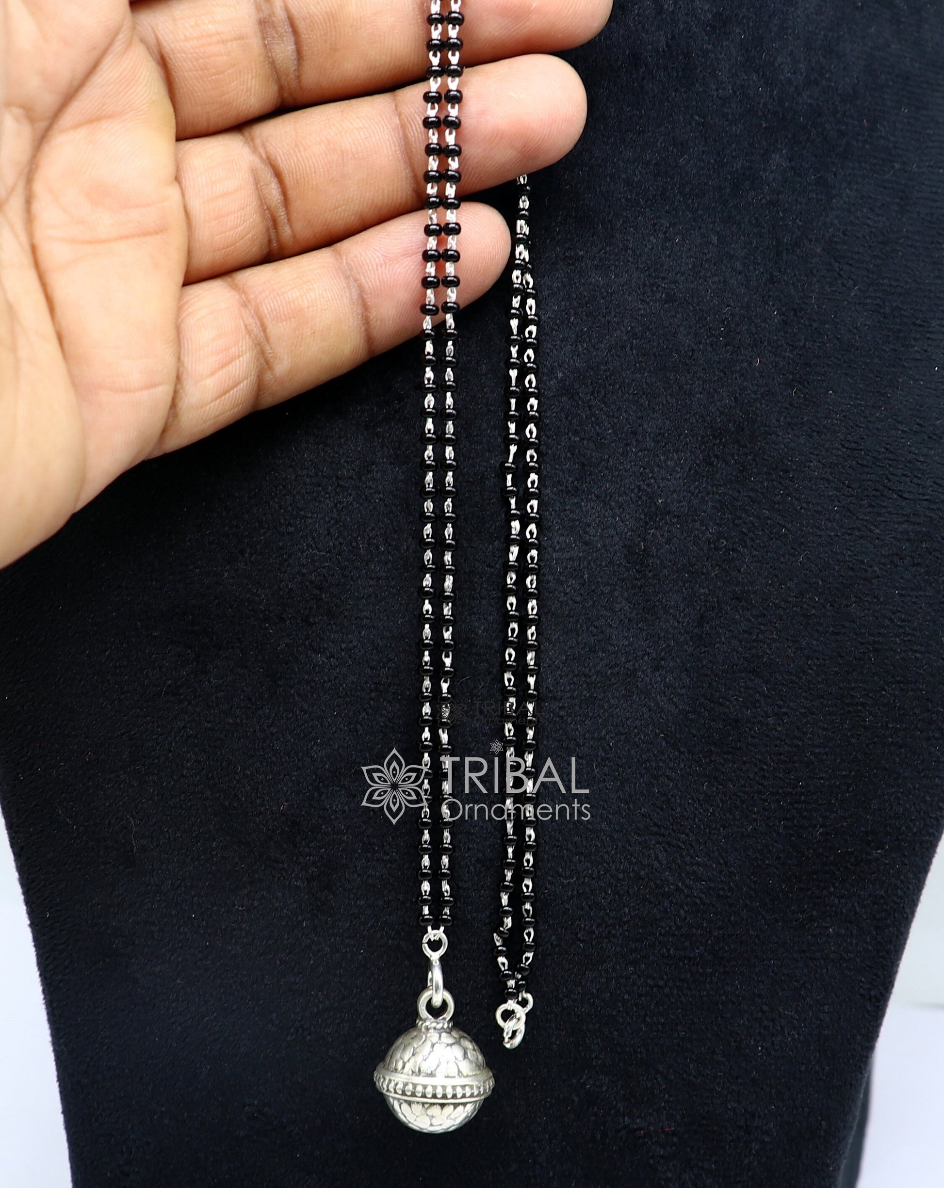 16" to 26" traditional cultural black beads 925 sterling silver stylish Single ball pendant necklace modern trendy delicate jewelry set625 - TRIBAL ORNAMENTS