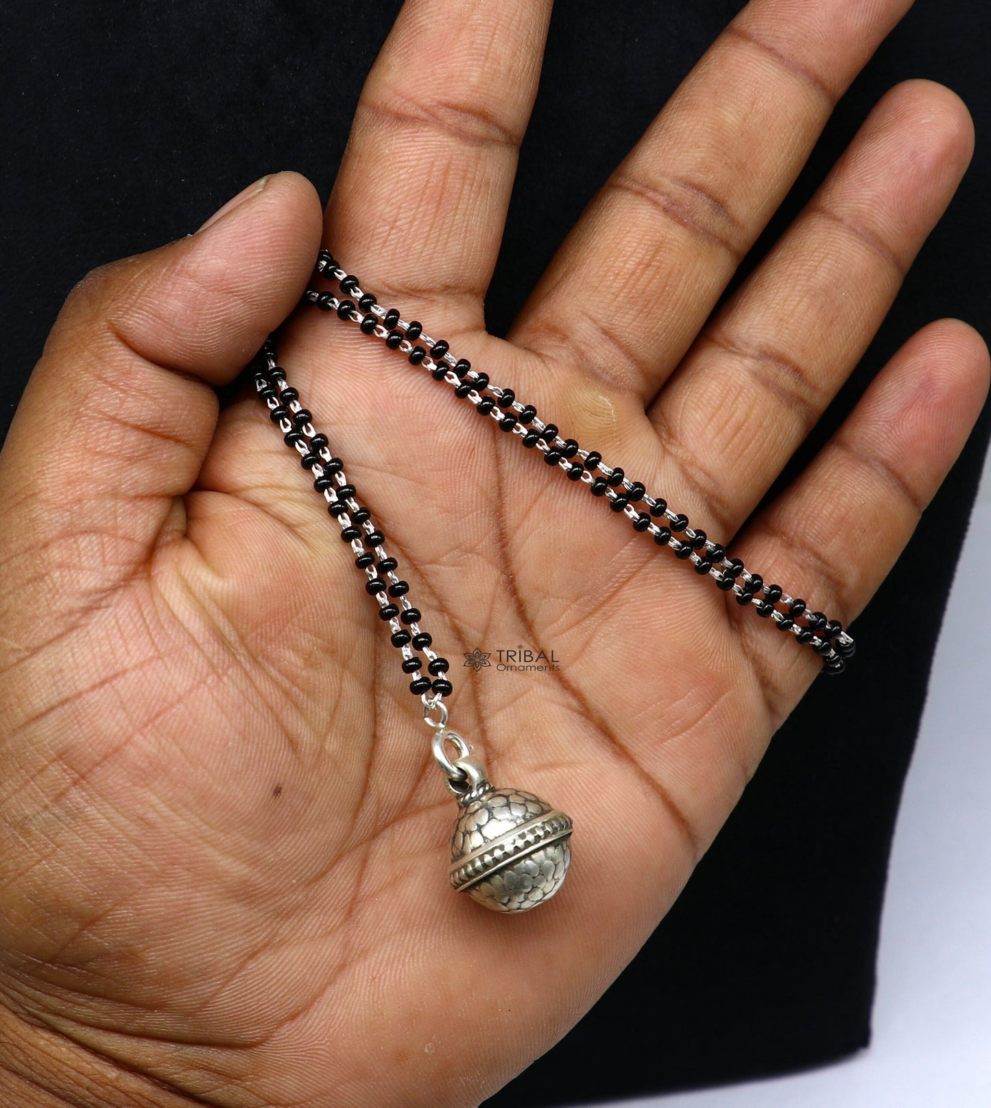 16" to 26" traditional cultural black beads 925 sterling silver stylish Single ball pendant necklace modern trendy delicate jewelry set625 - TRIBAL ORNAMENTS