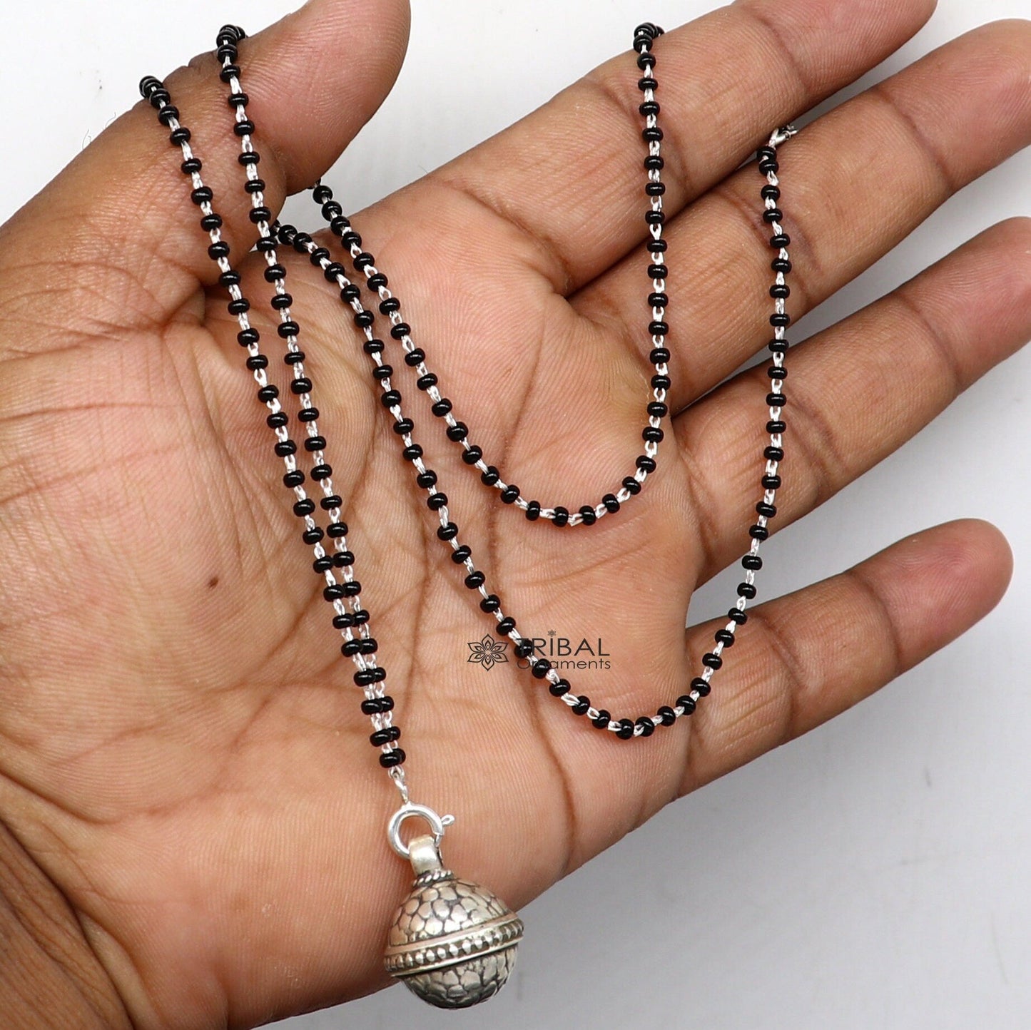 16" to 26" traditional cultural black beads 925 sterling silver stylish Single ball pendant necklace modern trendy delicate jewelry set625 - TRIBAL ORNAMENTS