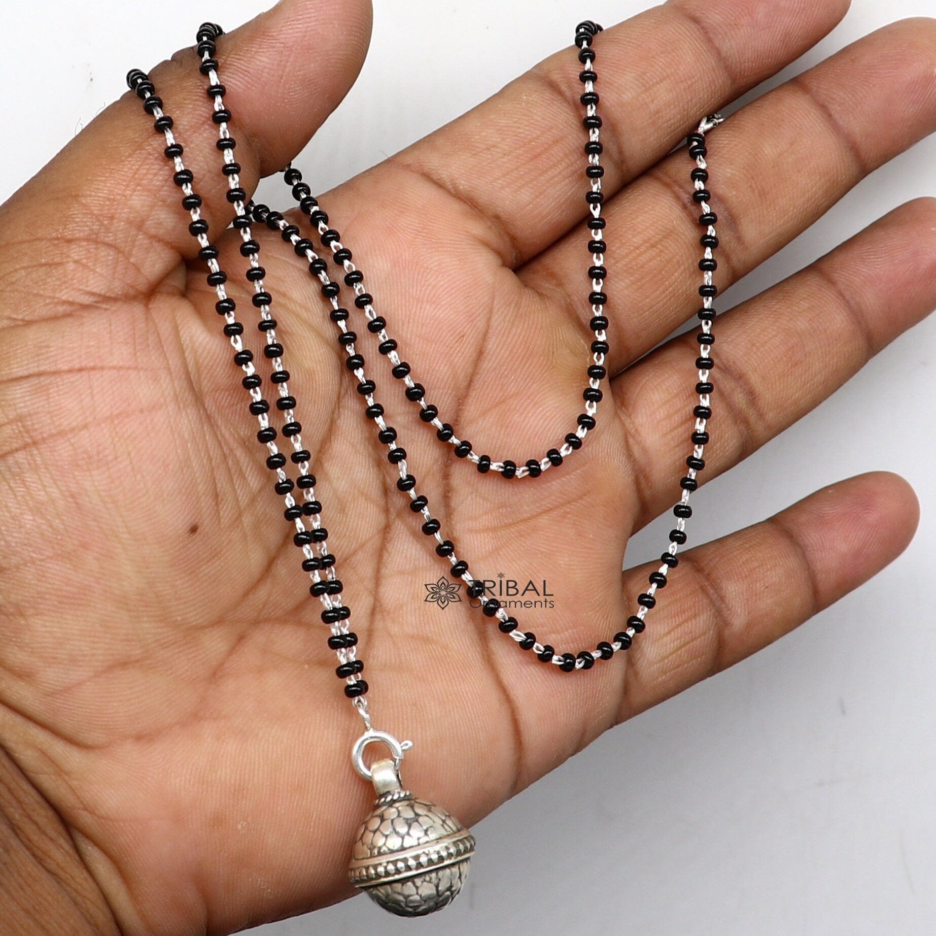16" to 26" traditional cultural black beads 925 sterling silver stylish Single ball pendant necklace modern trendy delicate jewelry set625 - TRIBAL ORNAMENTS
