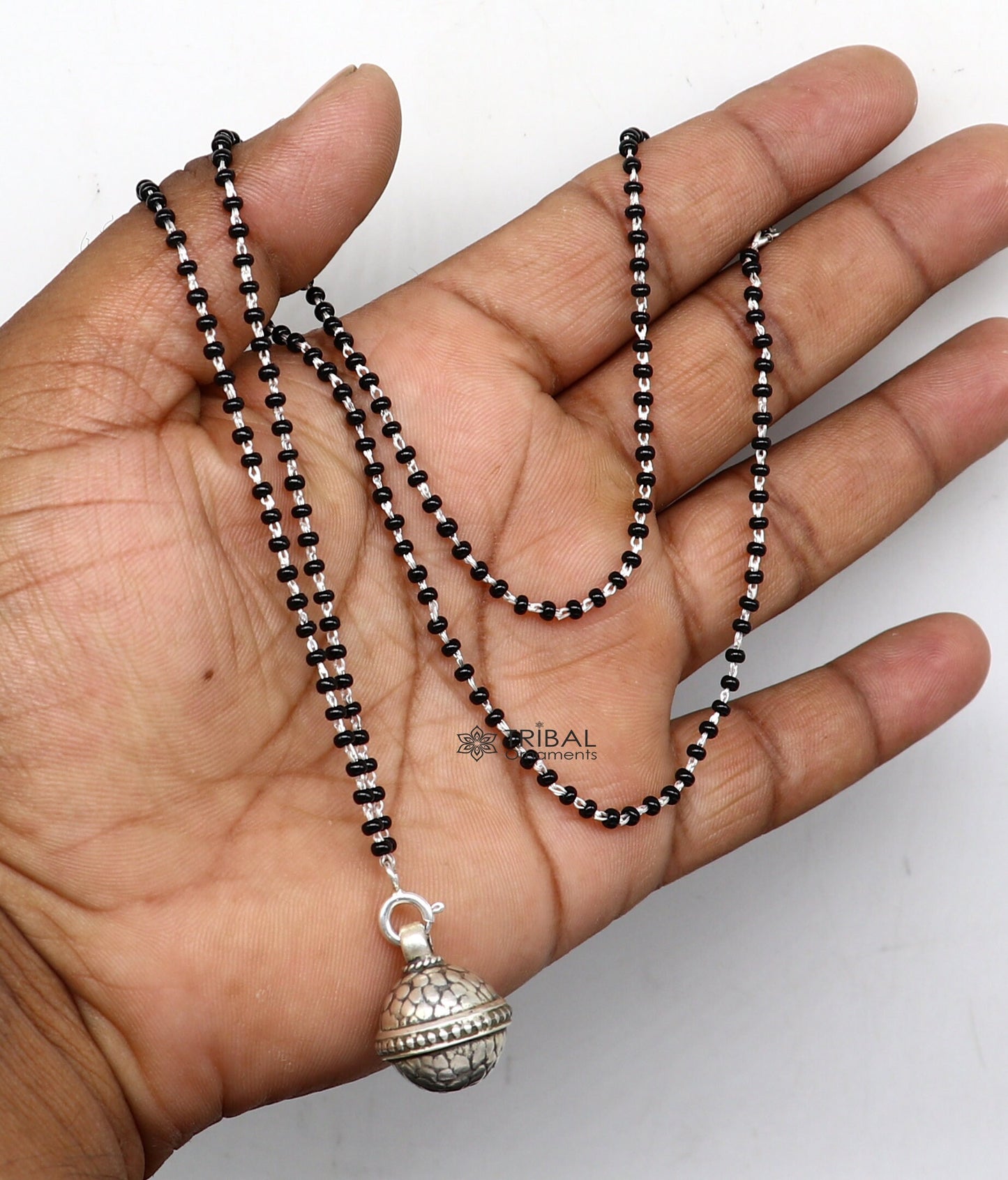 16" to 26" traditional cultural black beads 925 sterling silver stylish Single ball pendant necklace modern trendy delicate jewelry set625 - TRIBAL ORNAMENTS