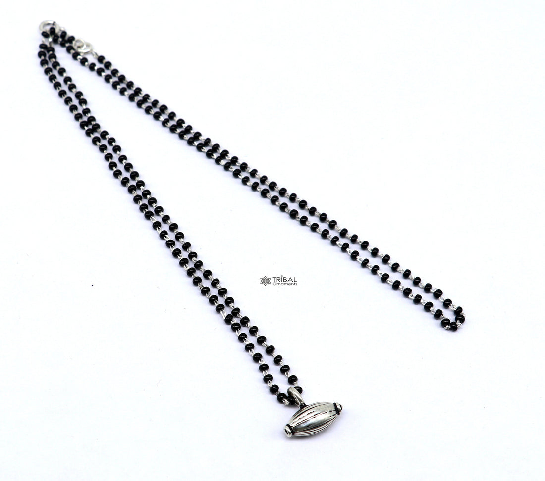 16" to 26" traditional cultural black beads 925 sterling silver stylish Single ball pendant necklace modern trendy delicate jewelry set626 - TRIBAL ORNAMENTS