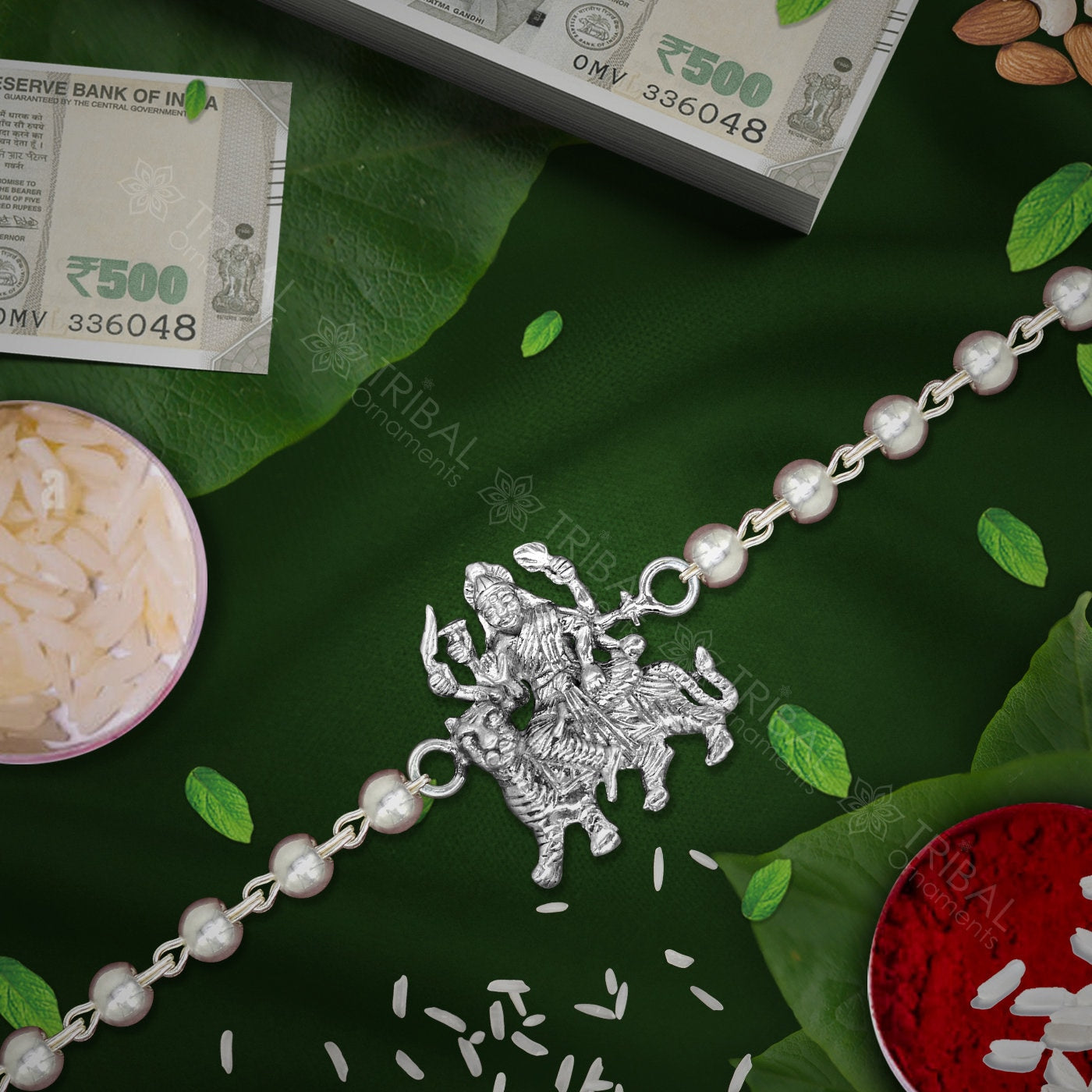 925 sterling silver handmade Goddess Durga /Bhawani Maa Rakhi bracelet amazing Rudraksha or Tulsi beaded bracelet, delicate jewelry rk247 - TRIBAL ORNAMENTS