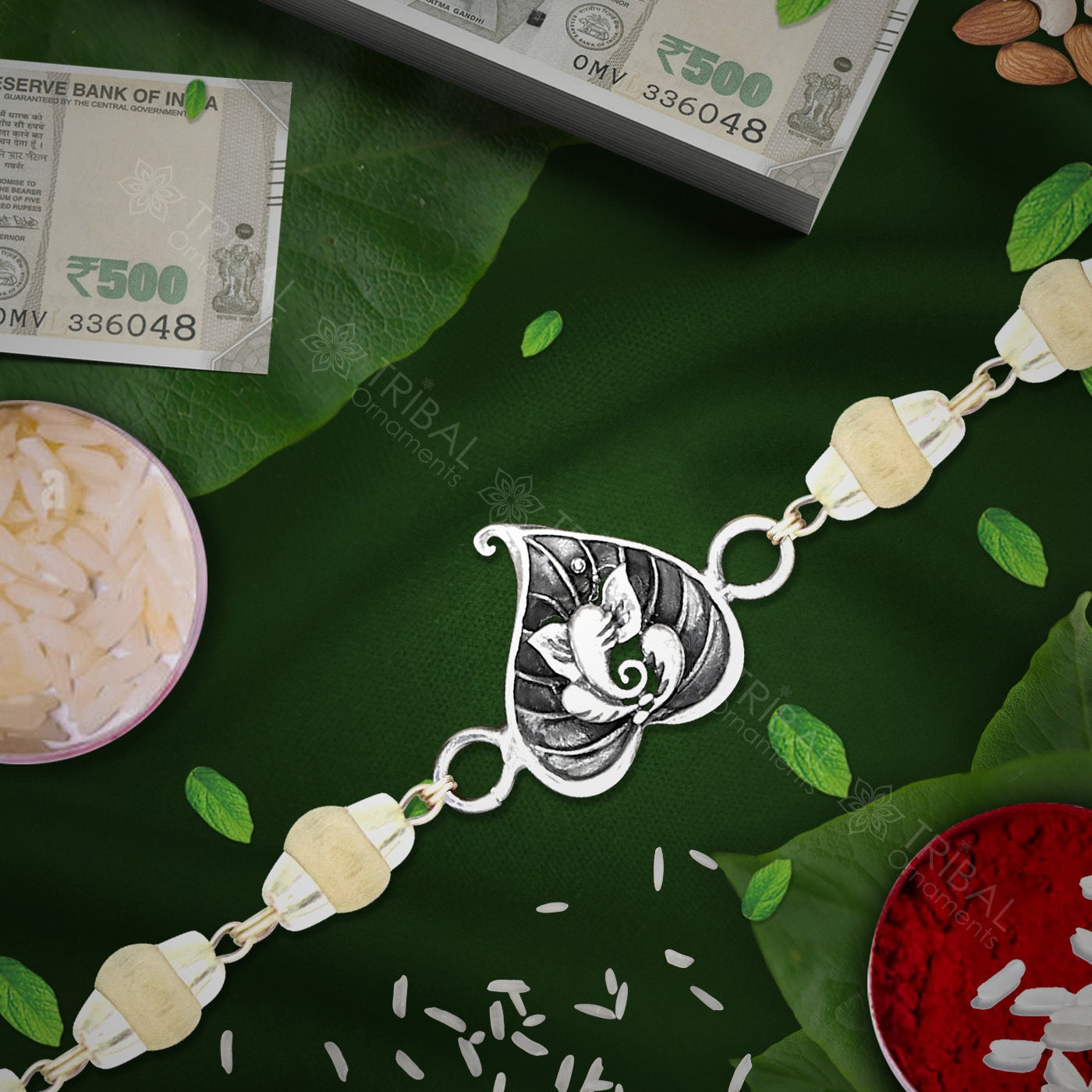 925 sterling silver handmade Pan Ganesha design Rakhi bracelet amazing Rudraksha/black and wihte Tulsi beaded bracelet jewelry rk249 - TRIBAL ORNAMENTS