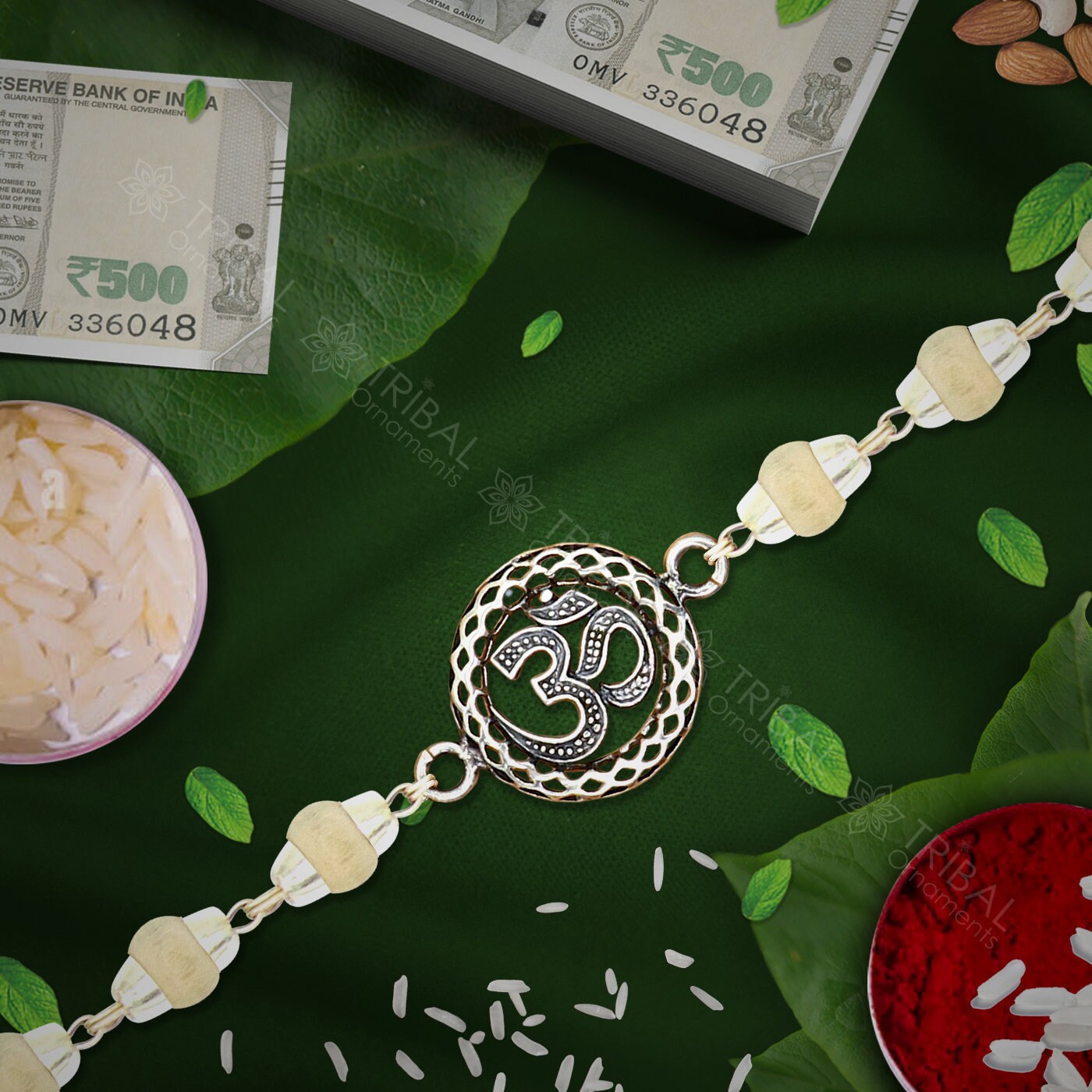 925 sterling silver handmade Aum ot OM design Rakhi bracelet amazing Rudraksha/black and wihte Tulsi beaded bracelet, delicate jewelry rk252 - TRIBAL ORNAMENTS
