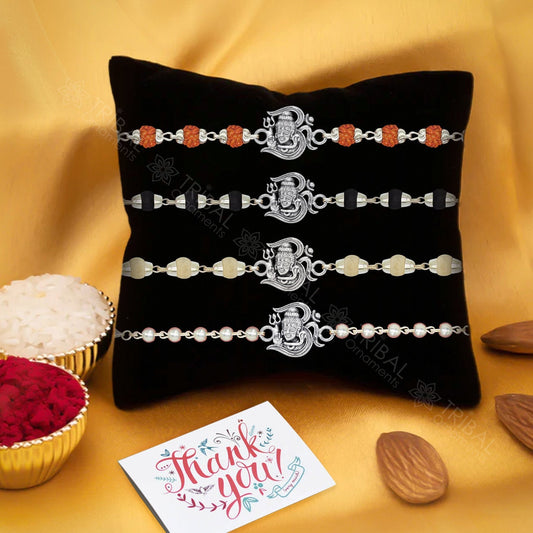 Trendy Unique Stylish lord shiva 925 sterling silver rakhi bracelet in rudraksh/black basil/white basil and silver beaded chain rk256 - TRIBAL ORNAMENTS