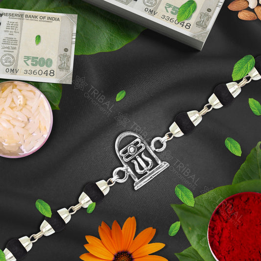 Trendy Unique Stylish lord shiva Lingam 925 sterling silver Rakhi bracelet in rudraksh/black basil/white basil and silver beaded chain rk258 - TRIBAL ORNAMENTS