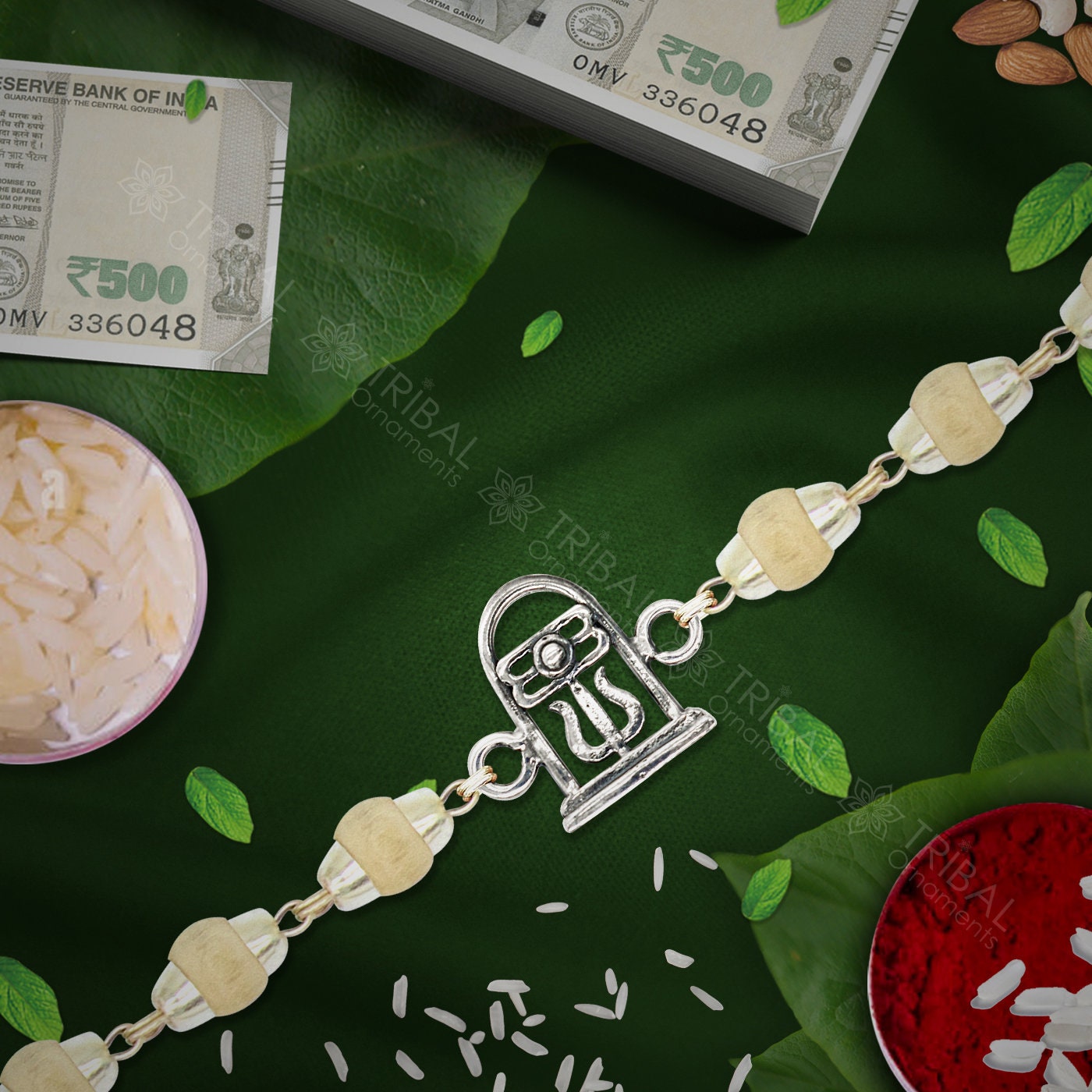 Trendy Unique Stylish lord shiva Lingam 925 sterling silver Rakhi bracelet in rudraksh/black basil/white basil and silver beaded chain rk258 - TRIBAL ORNAMENTS