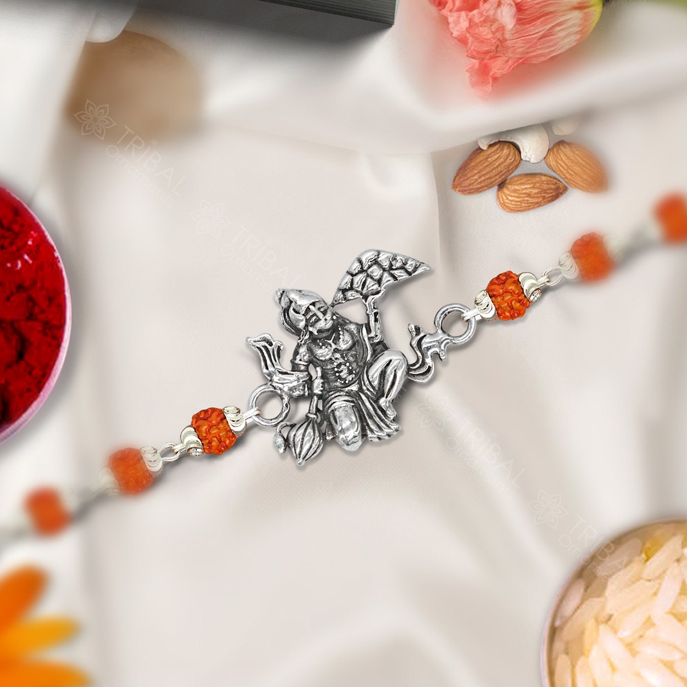 Trendy Unique Stylish lord hanuman 925 sterling silver Rakhi bracelet in rudraksh/black basil/white basil and silver beaded chain rk260 - TRIBAL ORNAMENTS