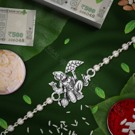 Trendy Unique Stylish lord hanuman 925 sterling silver Rakhi bracelet in rudraksh/black basil/white basil and silver beaded chain rk260 - TRIBAL ORNAMENTS
