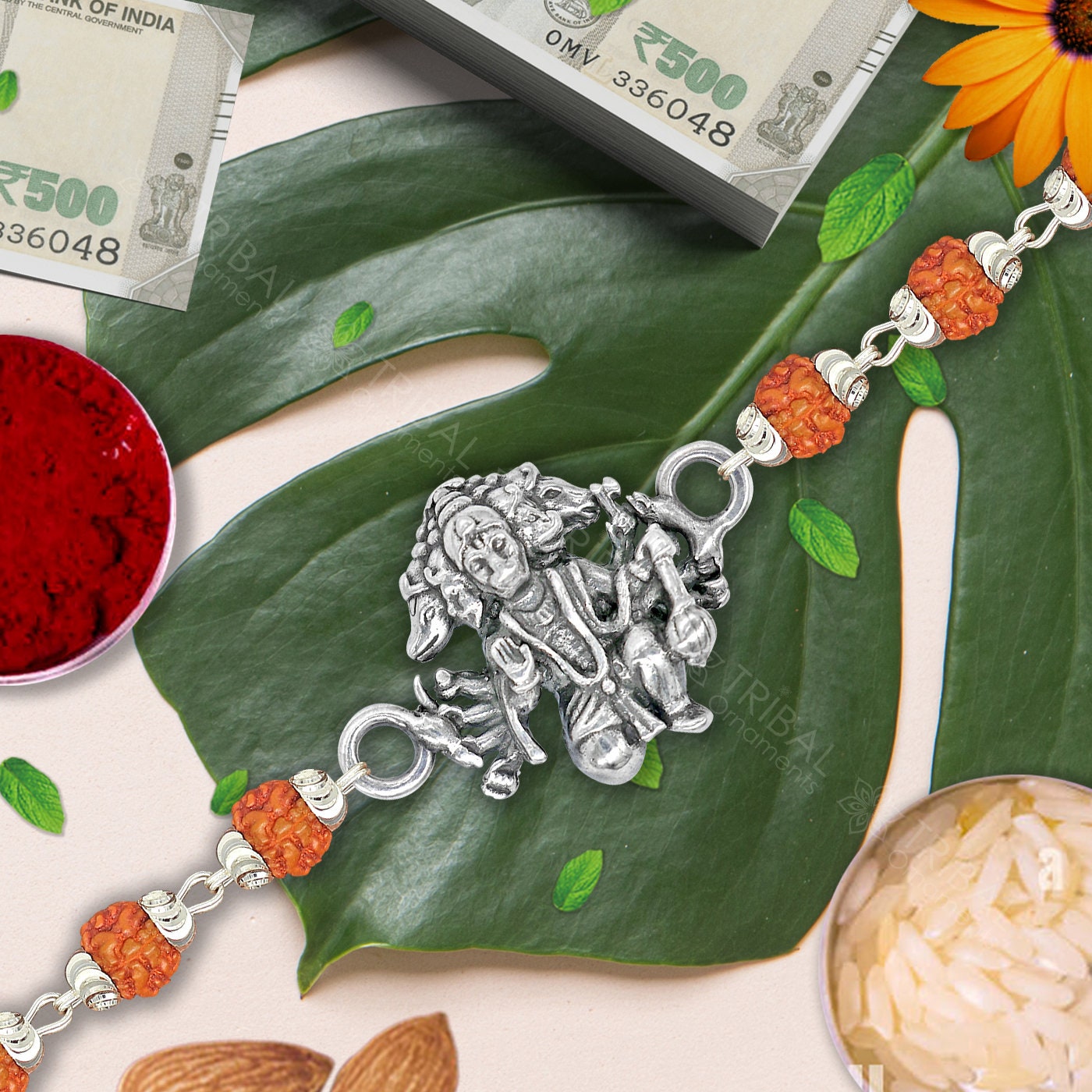Exclusive style Lord Panchmukhi hanuman 925 sterling silver Rakhi bracelet in rudraksh/black basil/white basil and silver beaded chain rk264 - TRIBAL ORNAMENTS
