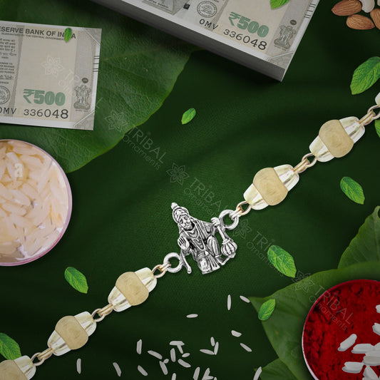 Exclusive style Lord blessing hanuman 925 sterling silver Rakhi bracelet in rudraksh/black basil/white basil and silver beaded chain rk265 - TRIBAL ORNAMENTS