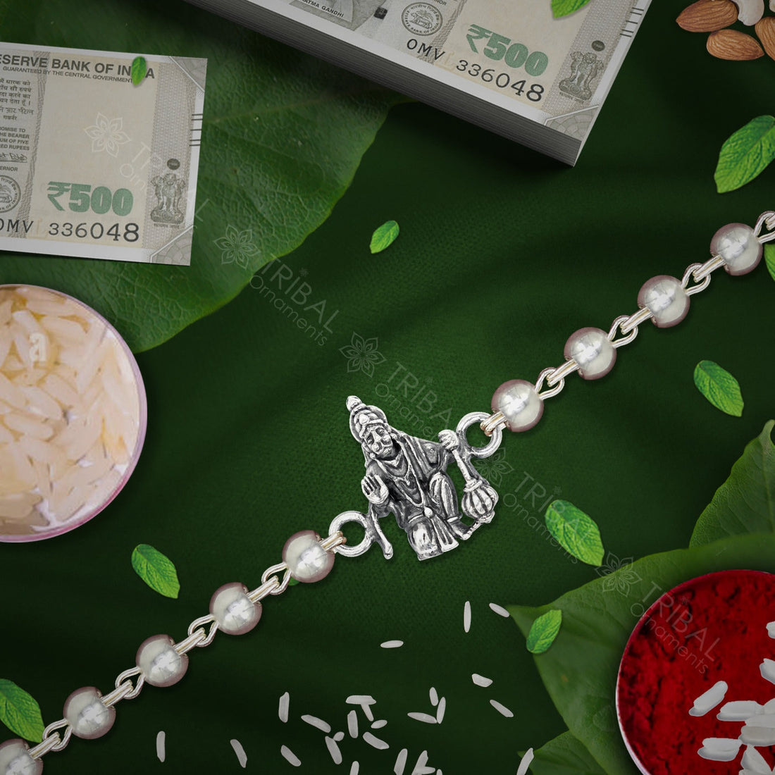 Exclusive style Lord blessing hanuman 925 sterling silver Rakhi bracelet in rudraksh/black basil/white basil and silver beaded chain rk265 - TRIBAL ORNAMENTS