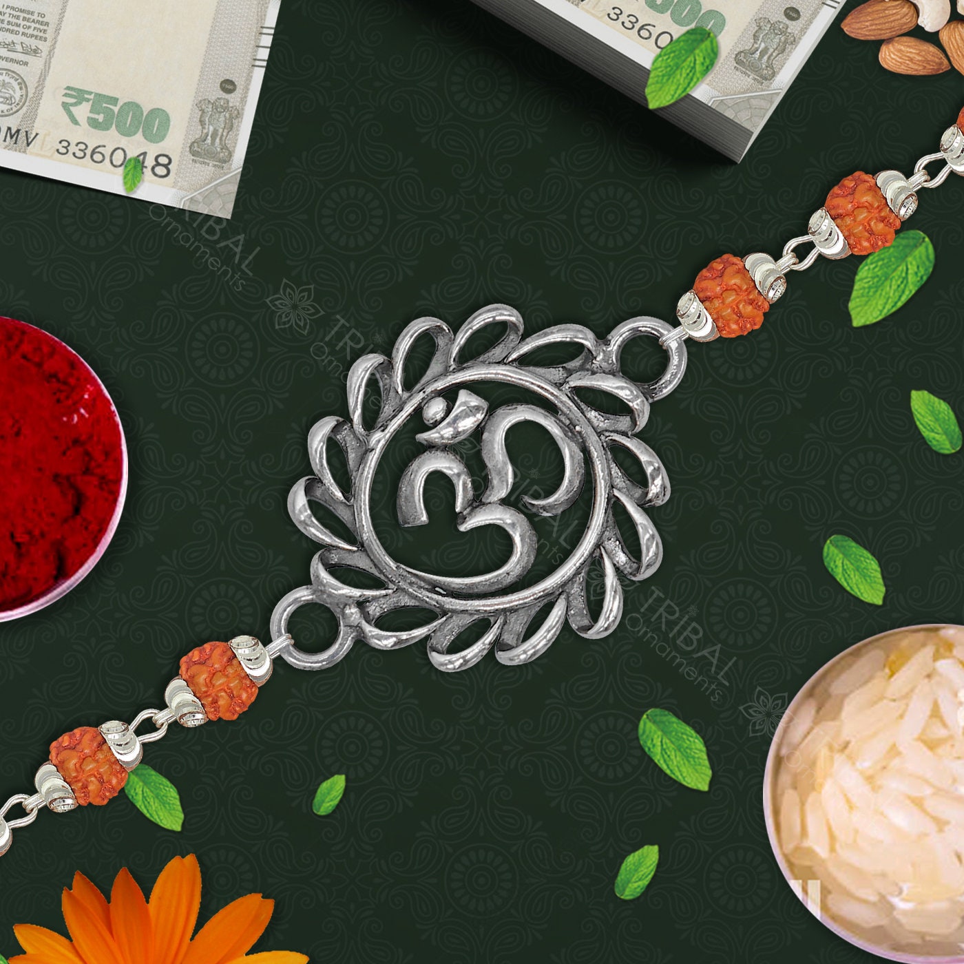 Exclusive style Aum or OM Mantra 925 sterling silver Rakhi bracelet in rudraksh/black basil/white basil and silver beaded chain rk266 - TRIBAL ORNAMENTS