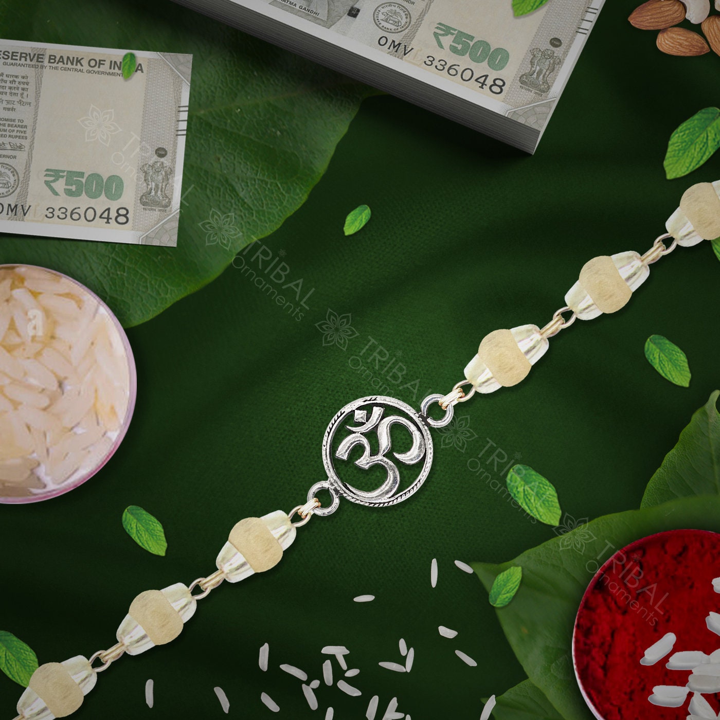 Trendy 925 sterling silver unique style Aum or OM pendant Rakhi bracelet in rudraksh/black basil/white basil and silver beaded chain rk270 - TRIBAL ORNAMENTS
