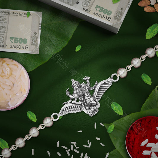 Trendy Lord Garuda fabulous design 925 sterling silver Rakhi bracelet in rudraksh/black basil/white basil and silver beaded chain rk273 - TRIBAL ORNAMENTS