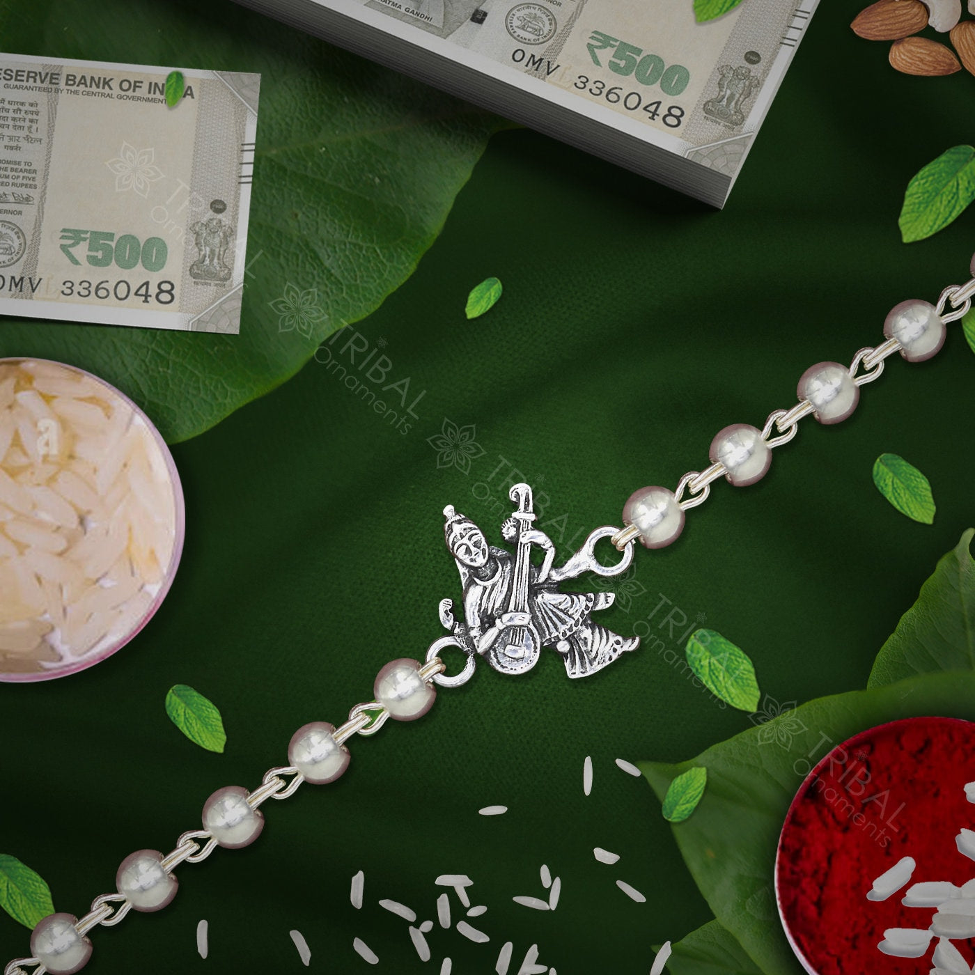 Amazing Goddess Saraswathi design 925 sterling silver Rakhi bracelet in rudraksh/black basil/white basil and silver beaded chain rk279 - TRIBAL ORNAMENTS