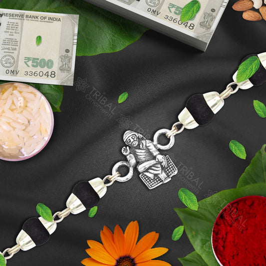 Amazing Sai baba unique design 925 sterling silver Rakhi bracelet in rudraksh/black basil/white basil and silver beaded chain rk281 - TRIBAL ORNAMENTS