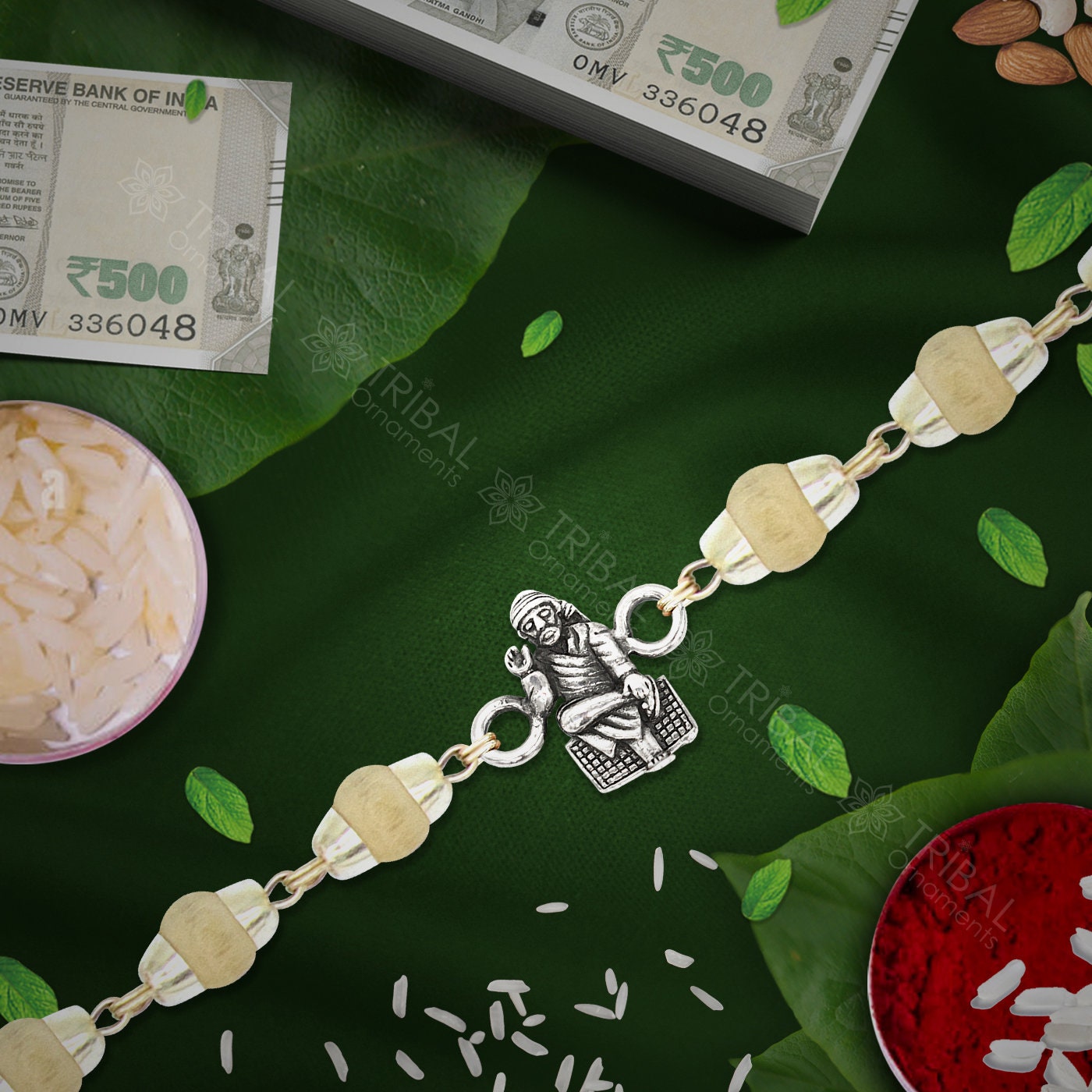 Amazing Sai baba unique design 925 sterling silver Rakhi bracelet in rudraksh/black basil/white basil and silver beaded chain rk281 - TRIBAL ORNAMENTS