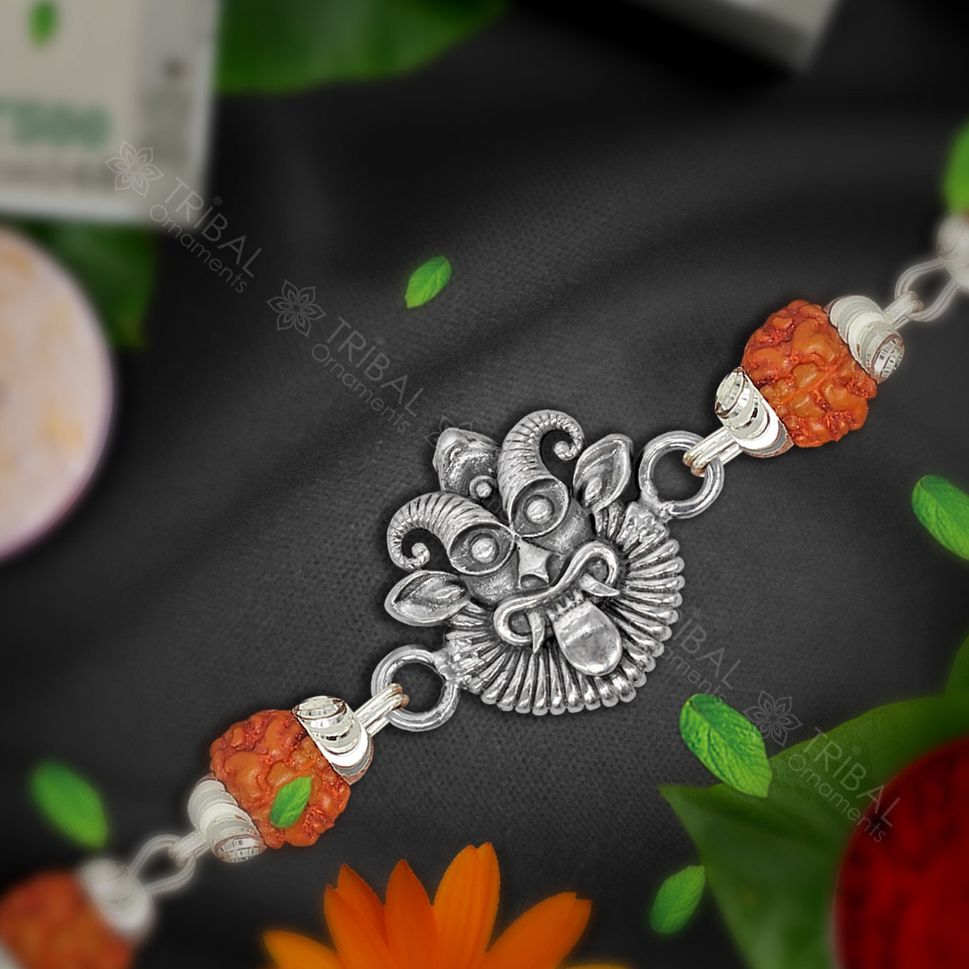 Amazing Mahakal Bhairwa Nazar battu 925 sterling silver Rakhi bracelet in rudraksh/black basil/white basil and silver beaded chain rk283 - TRIBAL ORNAMENTS