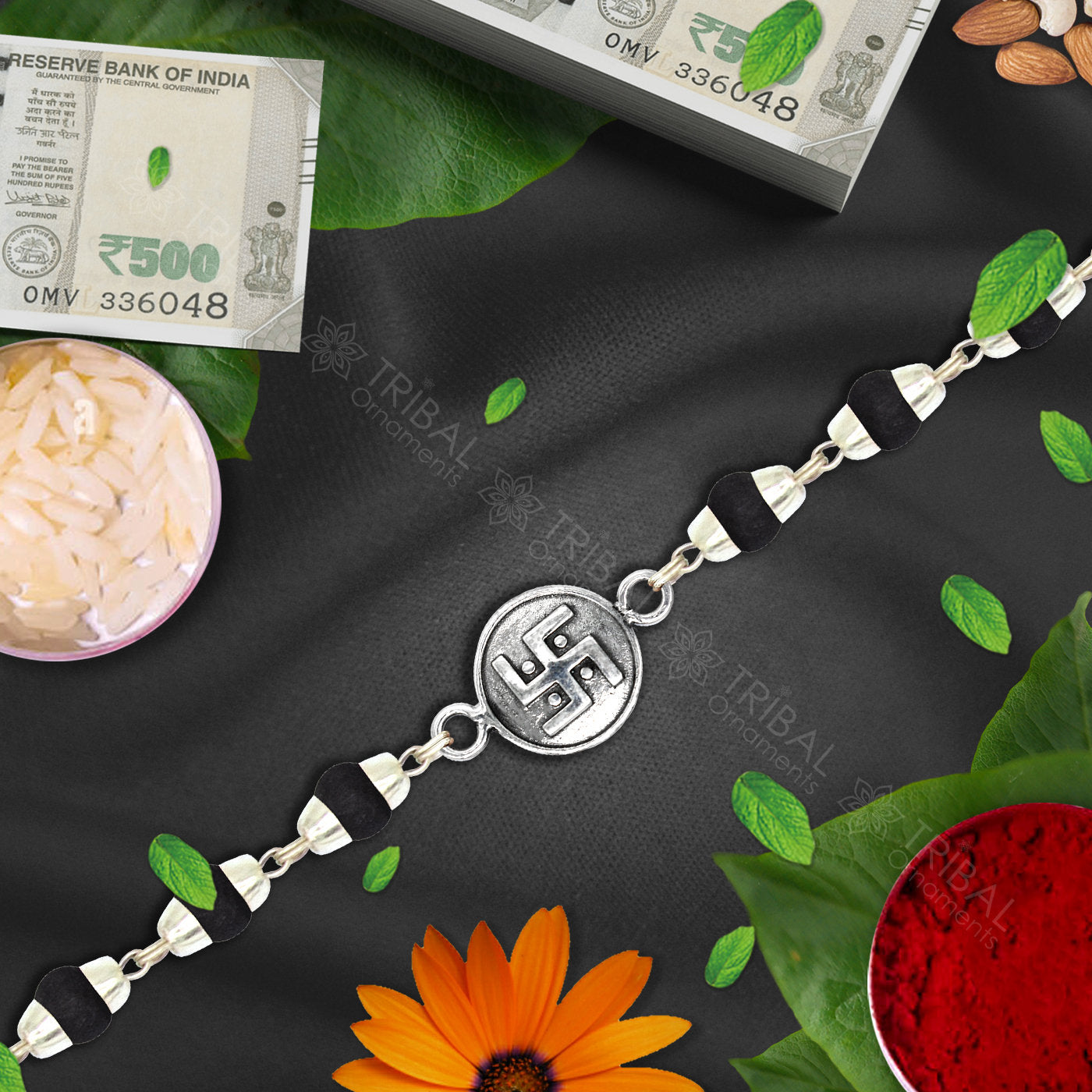 Amazing stylish delicate charm rakhi 925 sterling silver Rakhi bracelet in rudraksh/black basil/white basil and silver beaded chain rk287 - TRIBAL ORNAMENTS