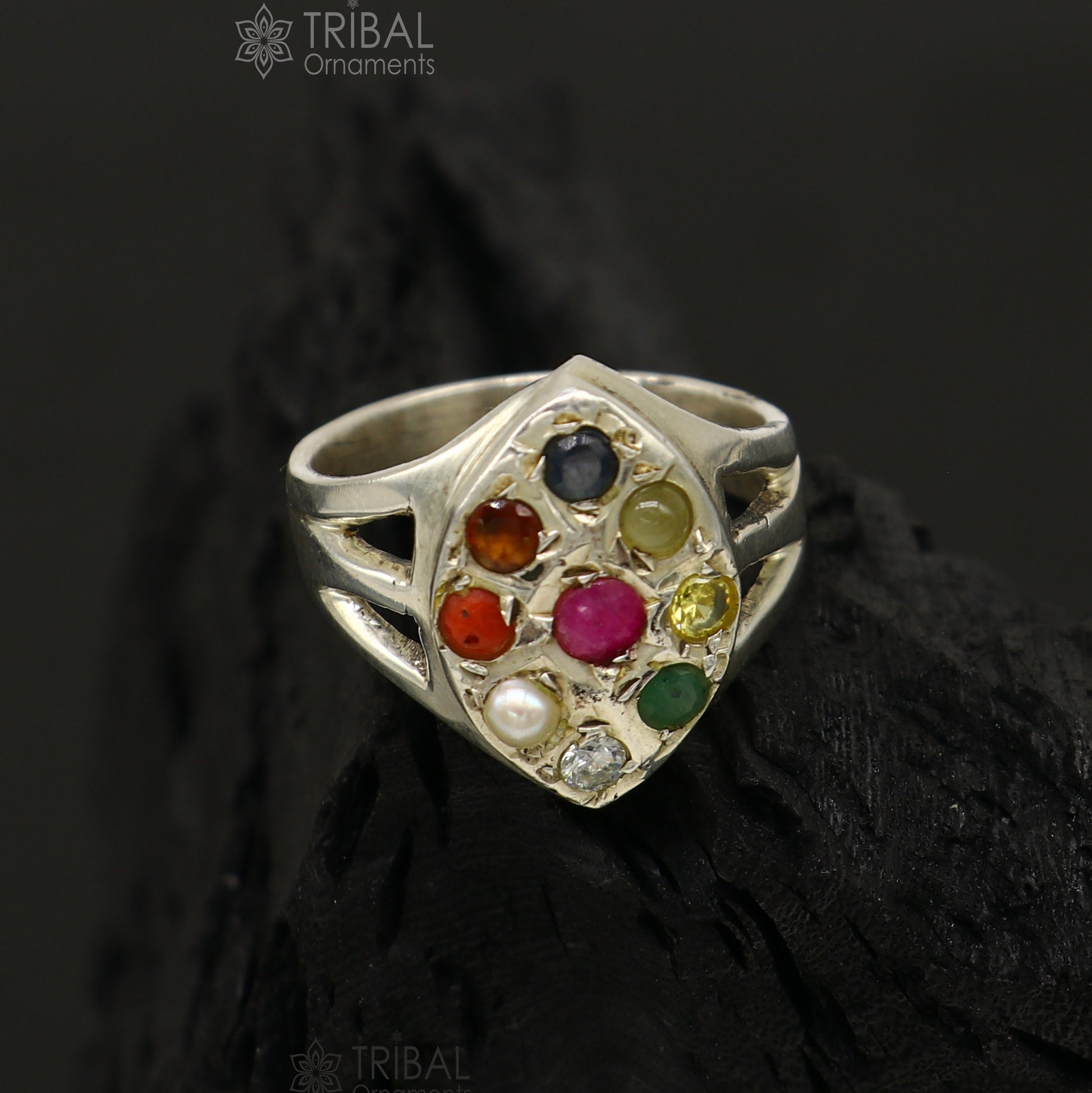 925 sterling silver customized Navratan stone ring fabulous stylish design 9 stone pendant tribal ethnic unisex jewelry sr372 - TRIBAL ORNAMENTS