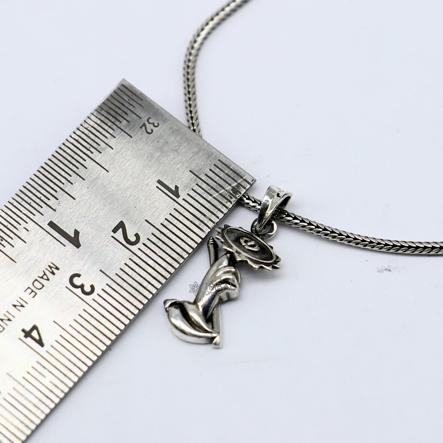 925 sterling silver divine Lord Krishna Sudarshan Chakra flute and Shankh combo pendant, silver unique god pendant necklace jewelry nsp649 - TRIBAL ORNAMENTS