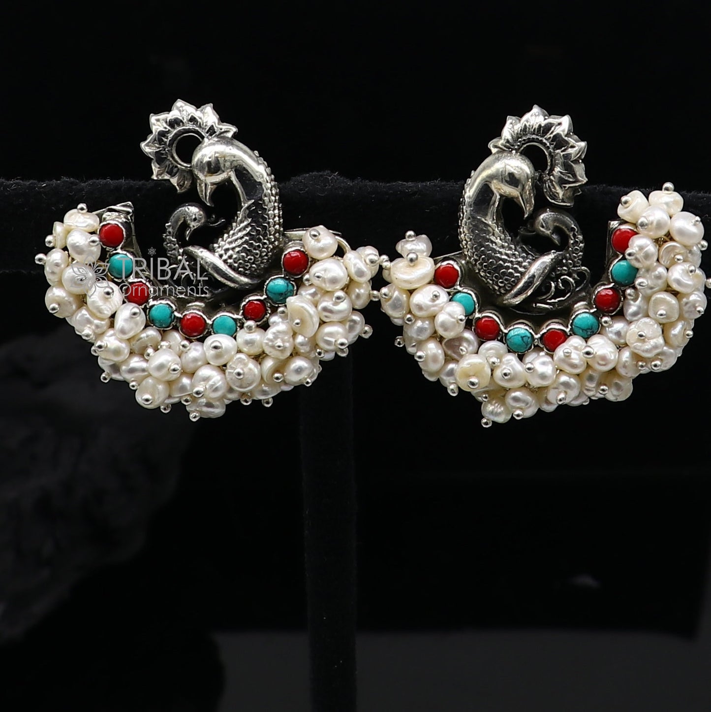 925 sterling silver handmade Stylish peacock design coral and turquoise stone stud earring fabulous hanging pearls guttapusalu jewelry s1202 - TRIBAL ORNAMENTS