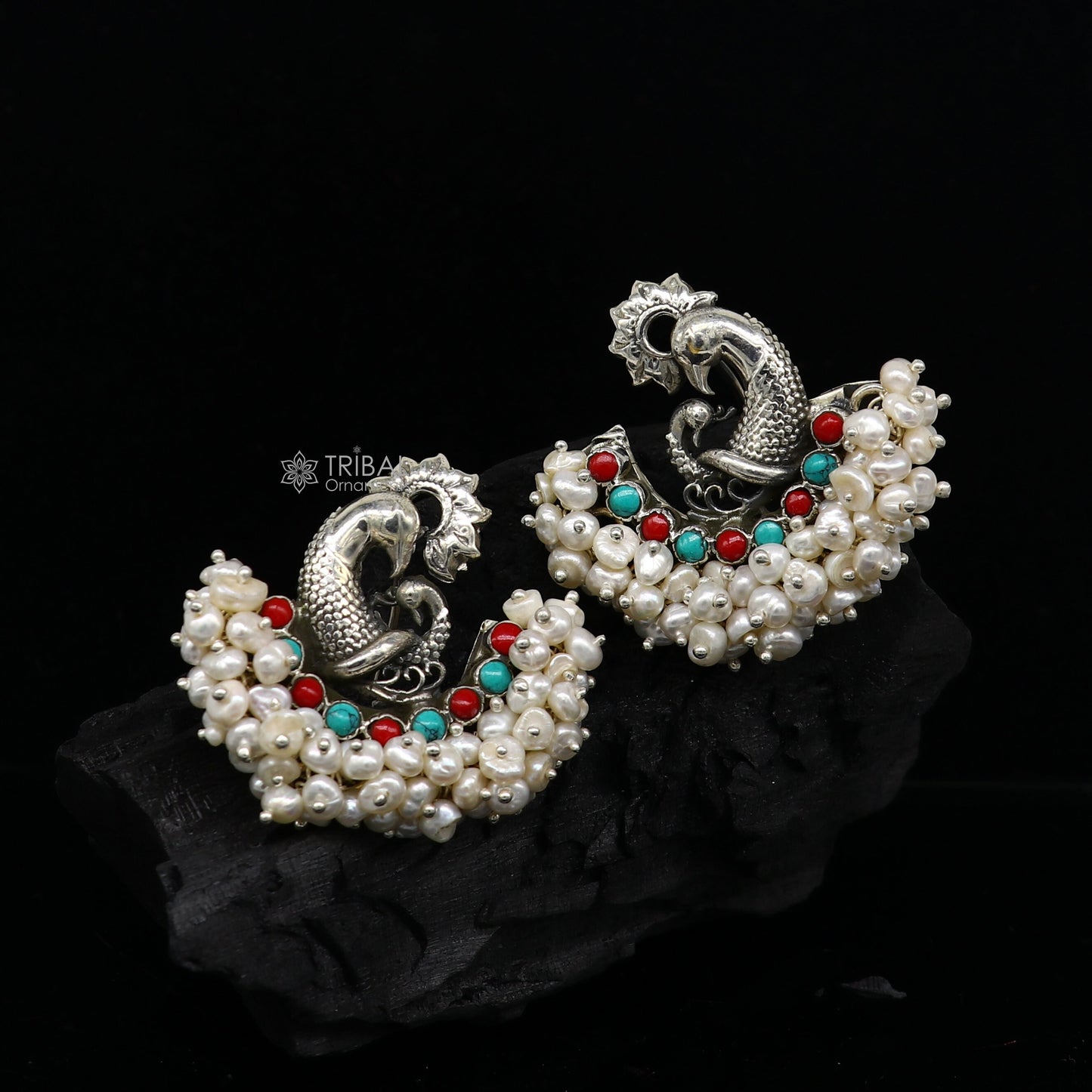 925 sterling silver handmade Stylish peacock design coral and turquoise stone stud earring fabulous hanging pearls guttapusalu jewelry s1202 - TRIBAL ORNAMENTS