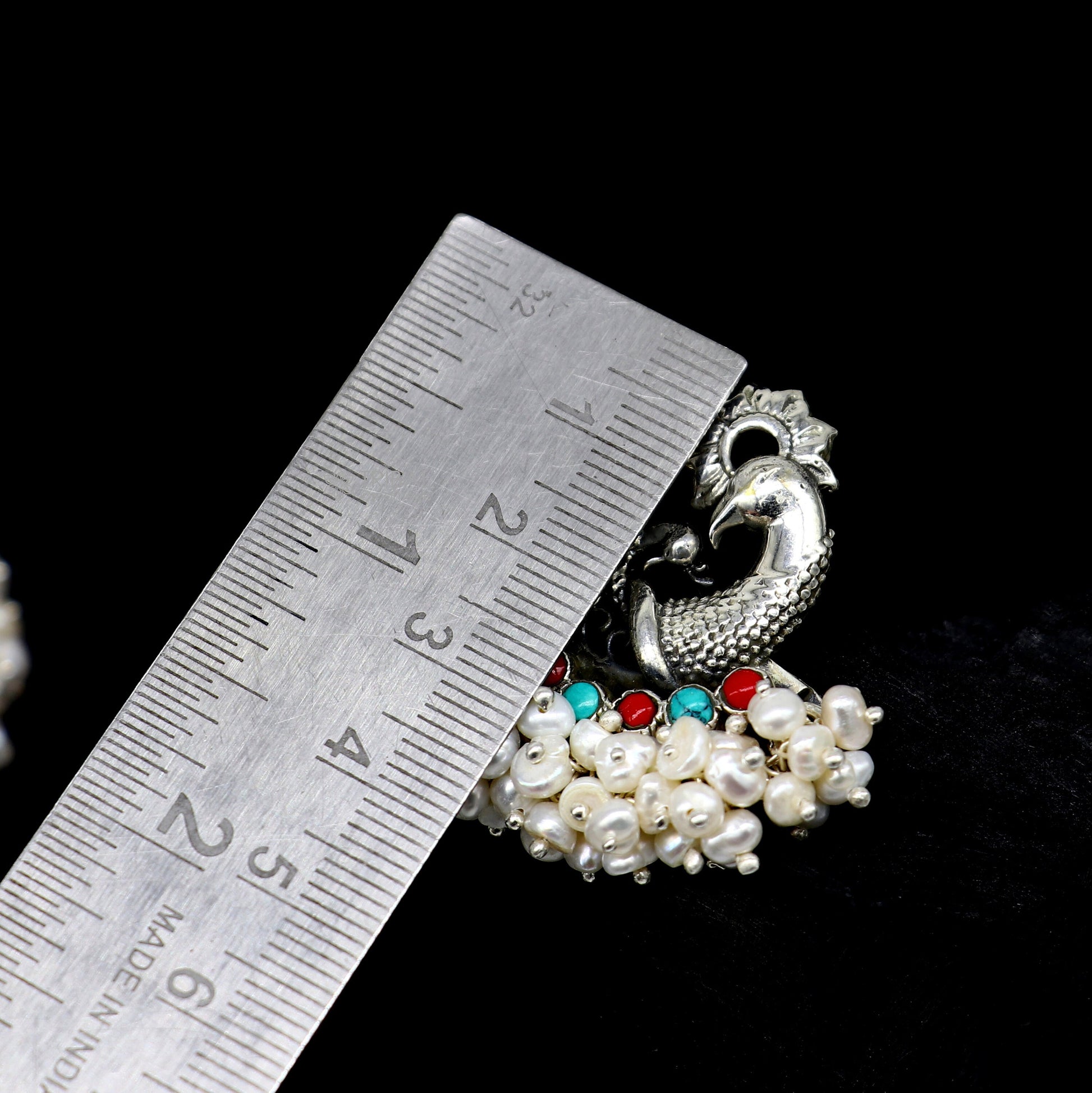925 sterling silver handmade Stylish peacock design coral and turquoise stone stud earring fabulous hanging pearls guttapusalu jewelry s1202 - TRIBAL ORNAMENTS