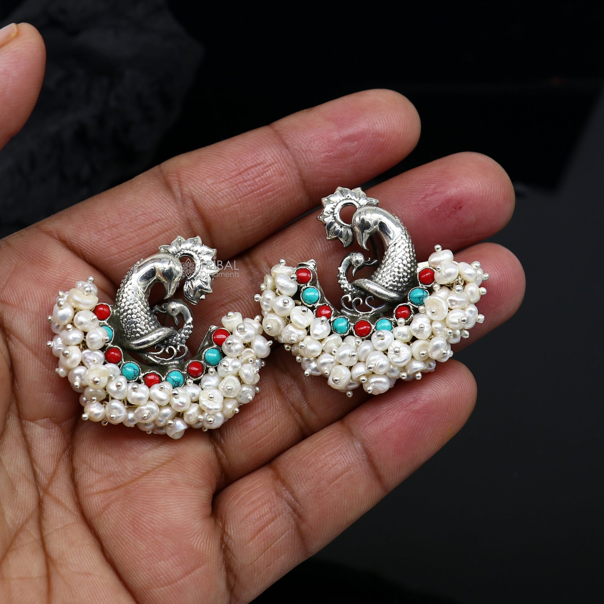 925 sterling silver handmade Stylish peacock design coral and turquoise stone stud earring fabulous hanging pearls guttapusalu jewelry s1202 - TRIBAL ORNAMENTS