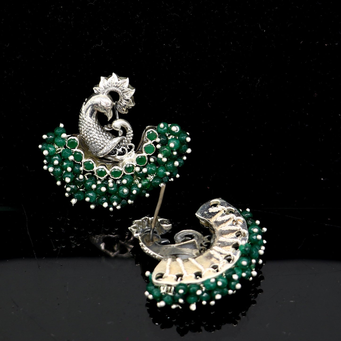 925 sterling silver handmade Stylish peacock design green stone stud earring fabulous hanging pearls guttapusalu jewelry s1203 - TRIBAL ORNAMENTS