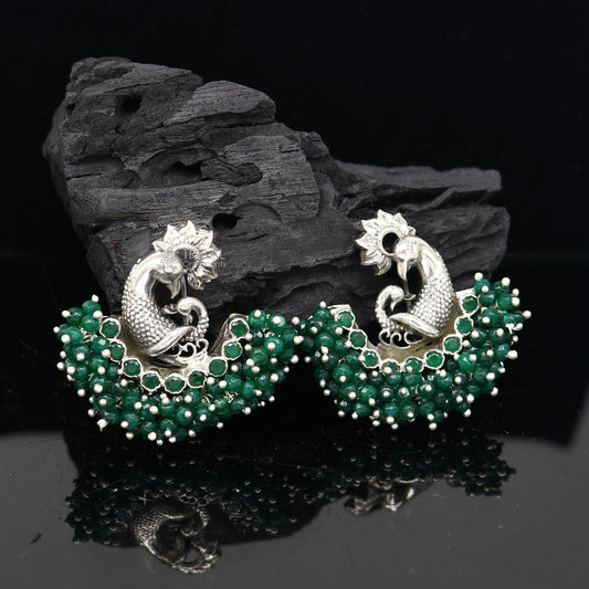 925 sterling silver handmade Stylish peacock design green stone stud earring fabulous hanging pearls guttapusalu jewelry s1203 - TRIBAL ORNAMENTS