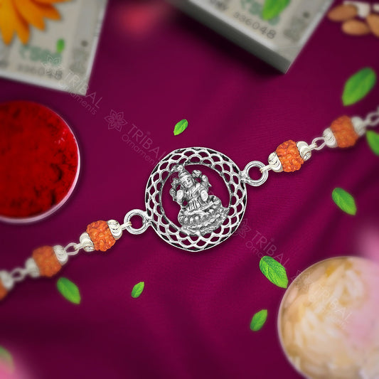 925 sterling silver handmade Goddess laxmi lakshmi design Rakhi bracelet amazing Rudraksha/black/wihte Tulsi beaded bracelet jewelry rk250 - TRIBAL ORNAMENTS