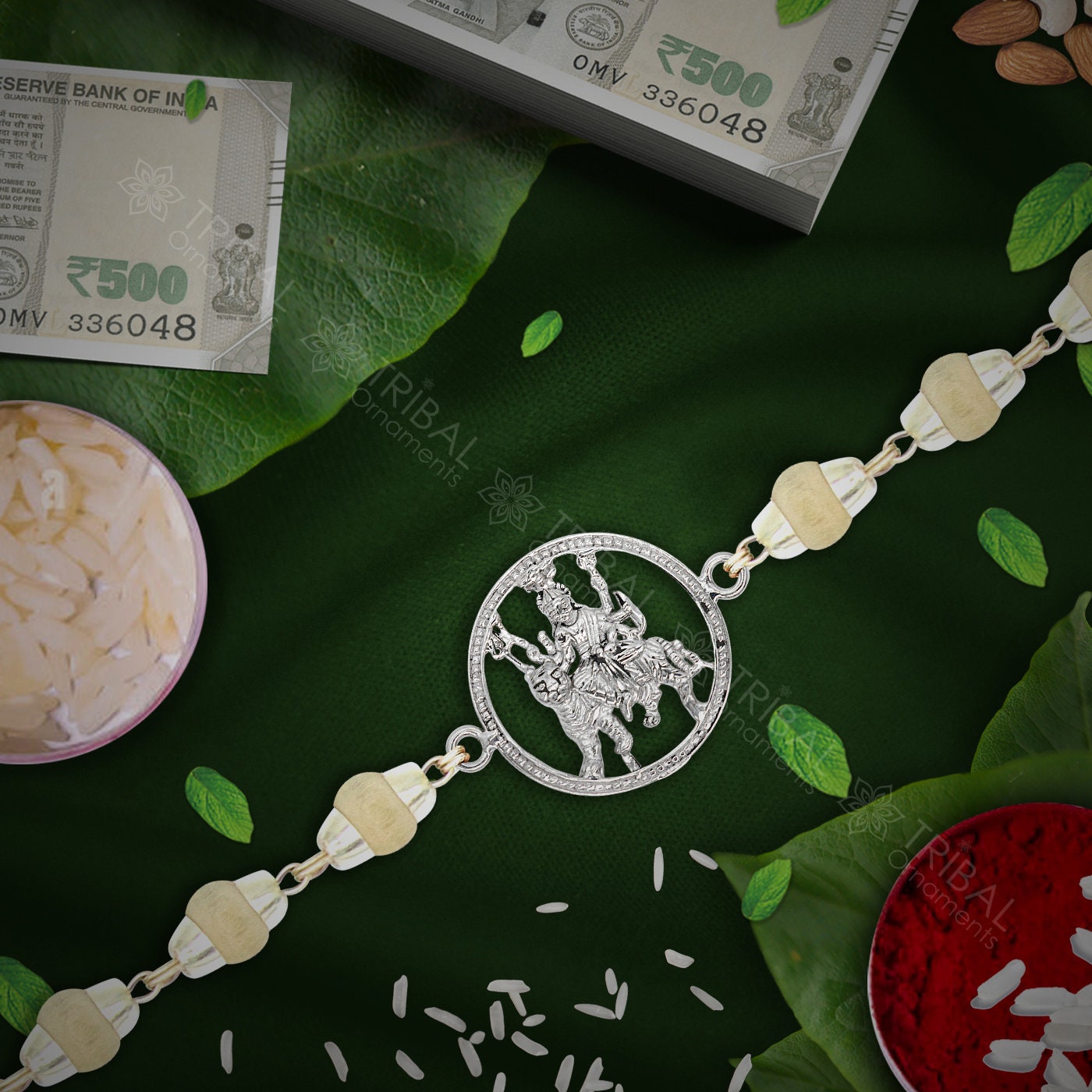 925 sterling silver handmade Goddess Durga /Bhawani Maa Rakhi bracelet amazing Rudraksha or Tulsi beaded bracelet, delicate jewelry rk251 - TRIBAL ORNAMENTS