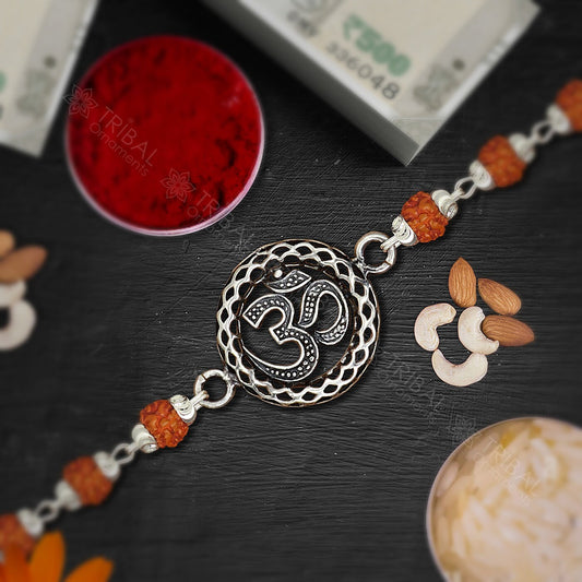 925 sterling silver handmade Aum ot OM design Rakhi bracelet amazing Rudraksha/black and wihte Tulsi beaded bracelet, delicate jewelry rk252 - TRIBAL ORNAMENTS