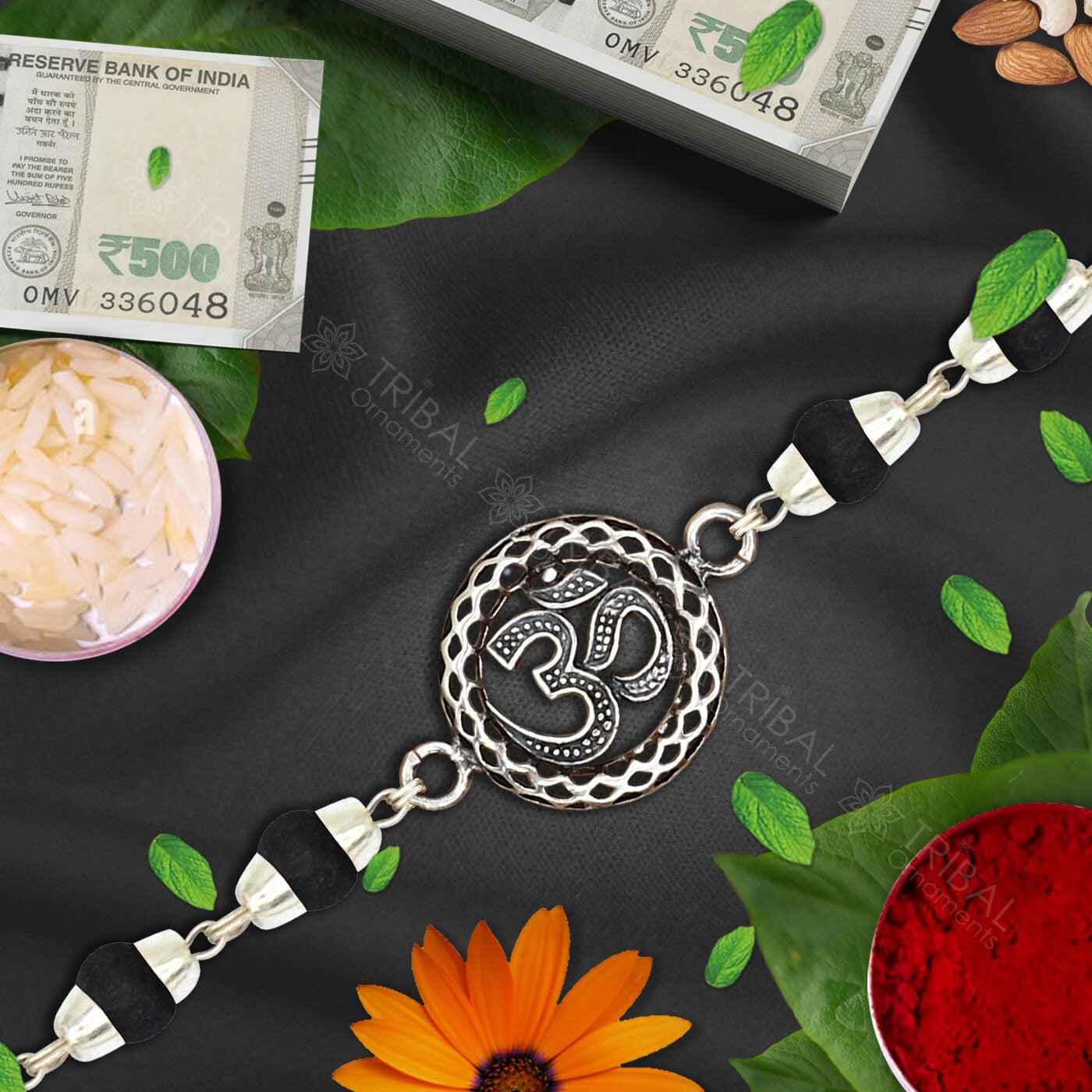 925 sterling silver handmade Aum ot OM design Rakhi bracelet amazing Rudraksha/black and wihte Tulsi beaded bracelet, delicate jewelry rk252 - TRIBAL ORNAMENTS