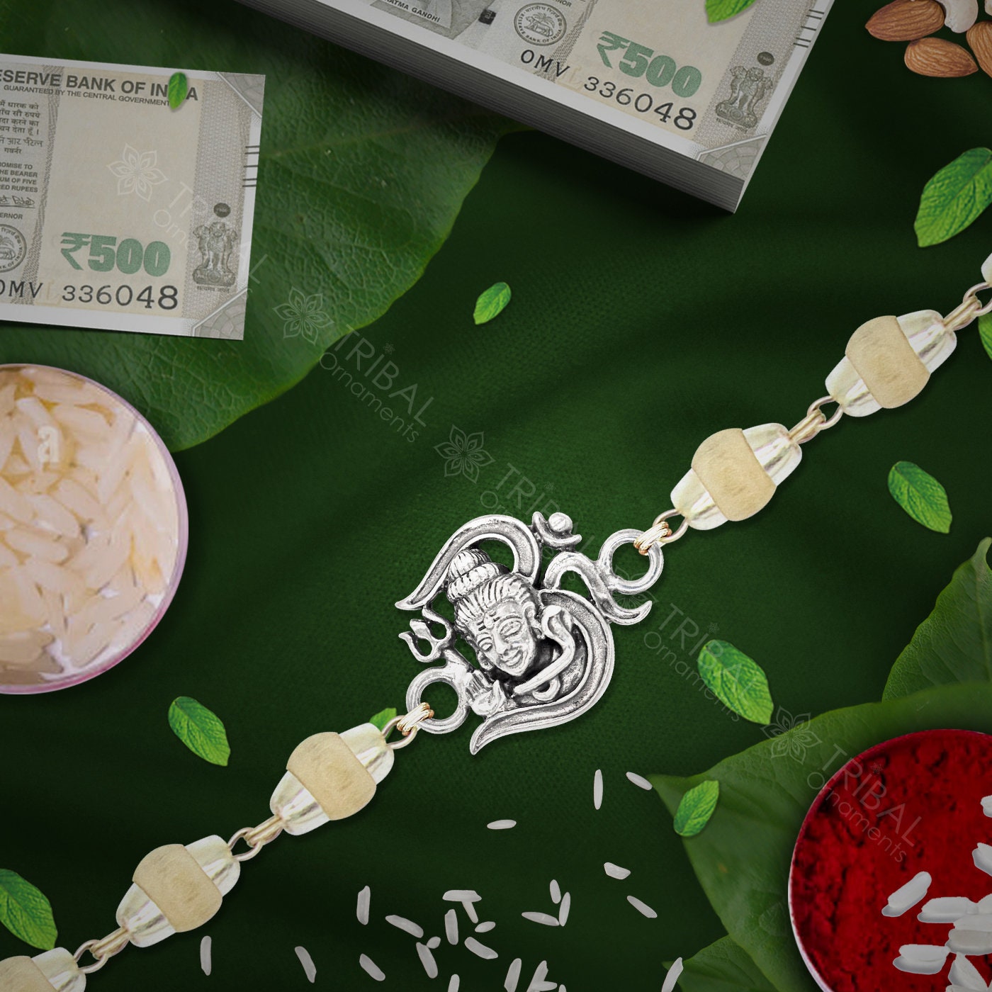 Trendy Unique Stylish lord shiva 925 sterling silver rakhi bracelet in rudraksh/black basil/white basil and silver beaded chain rk256 - TRIBAL ORNAMENTS