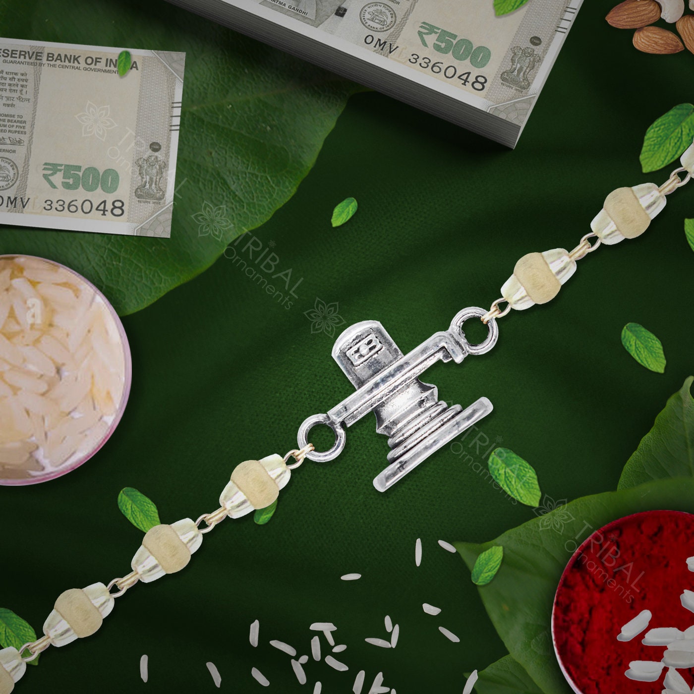 Trendy Unique Stylish lord shiva Lingam 925 sterling silver Rakhi bracelet in rudraksh/black basil/white basil and silver beaded chain rk259 - TRIBAL ORNAMENTS